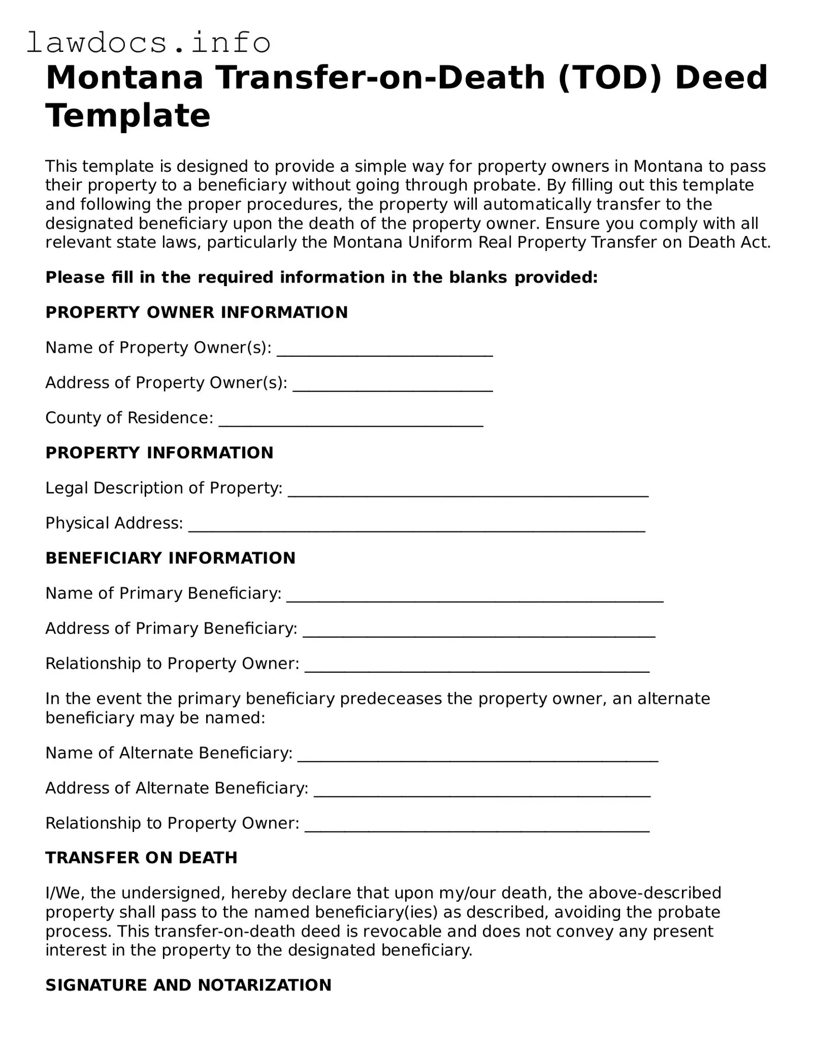 Blank Transfer-on-Death Deed Template for the State of Montana
