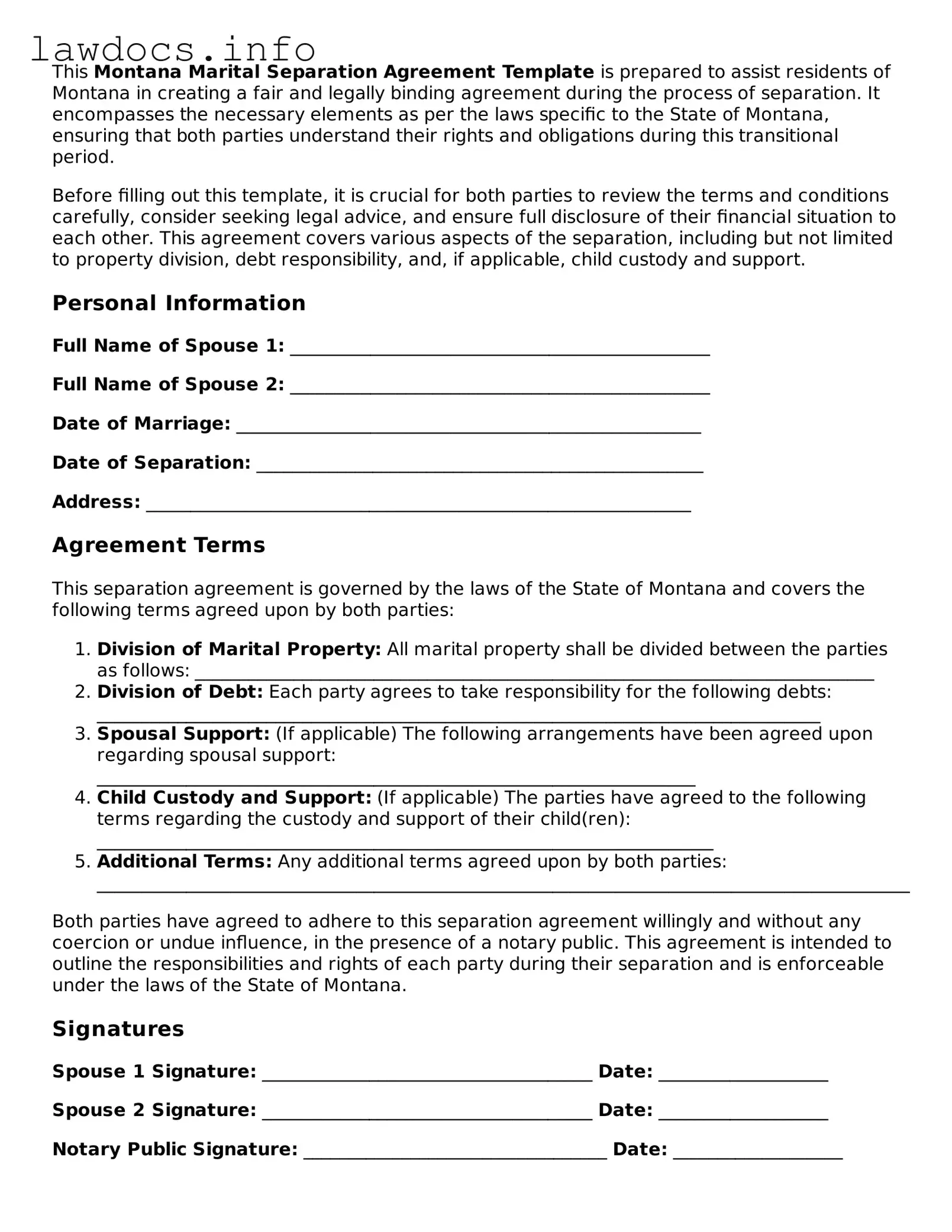 Blank Marital Separation Agreement Template for the State of Montana
