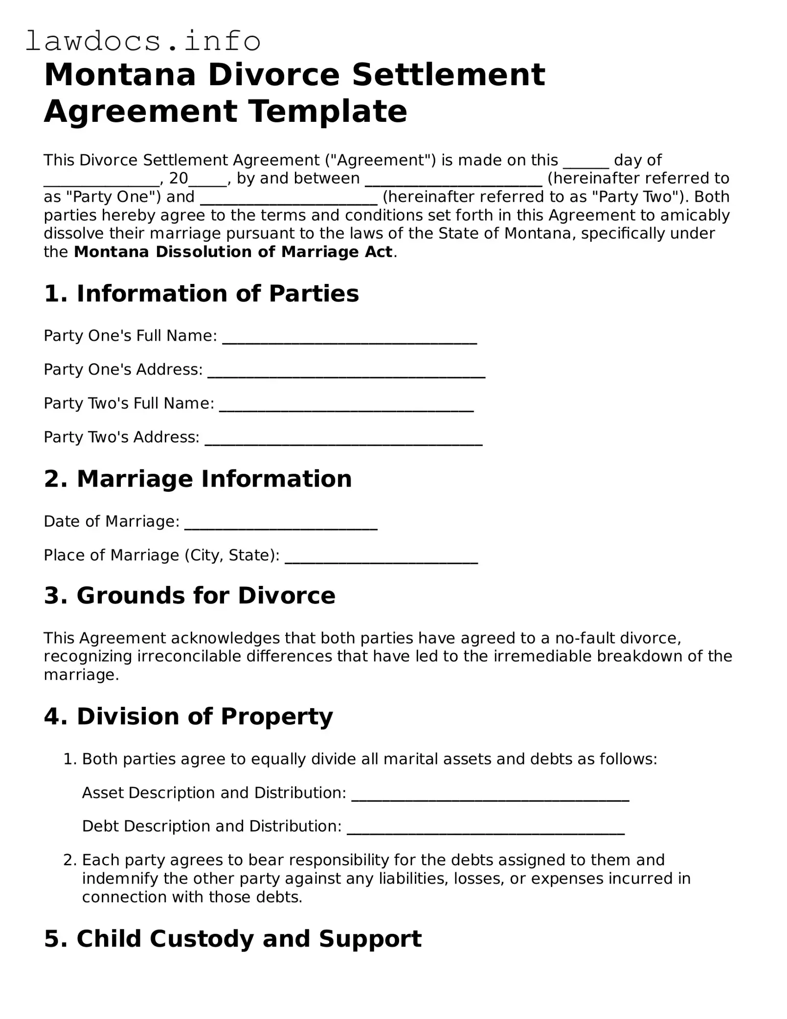Blank Divorce Settlement Agreement Template for the State of Montana