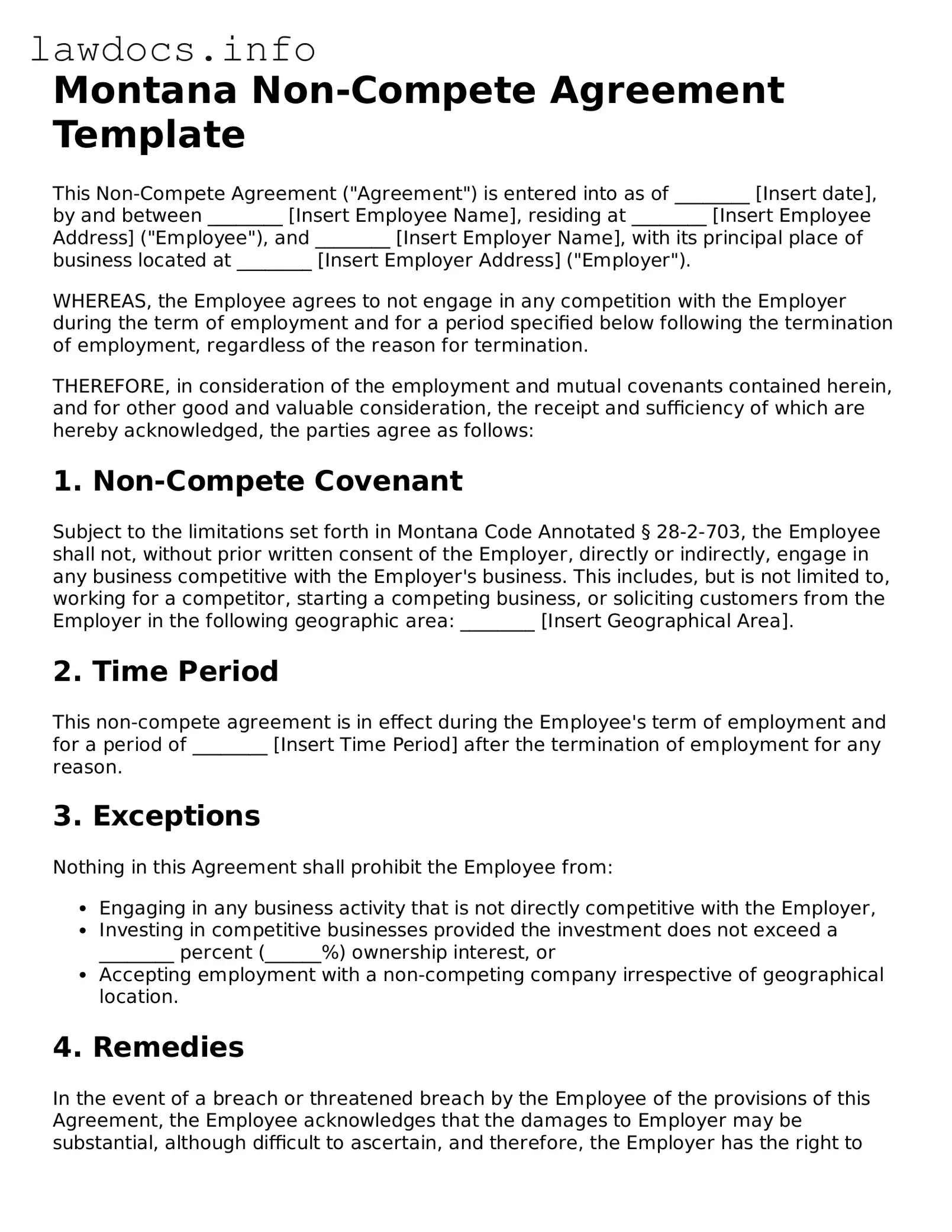 Blank Non-compete Agreement Template for the State of Montana