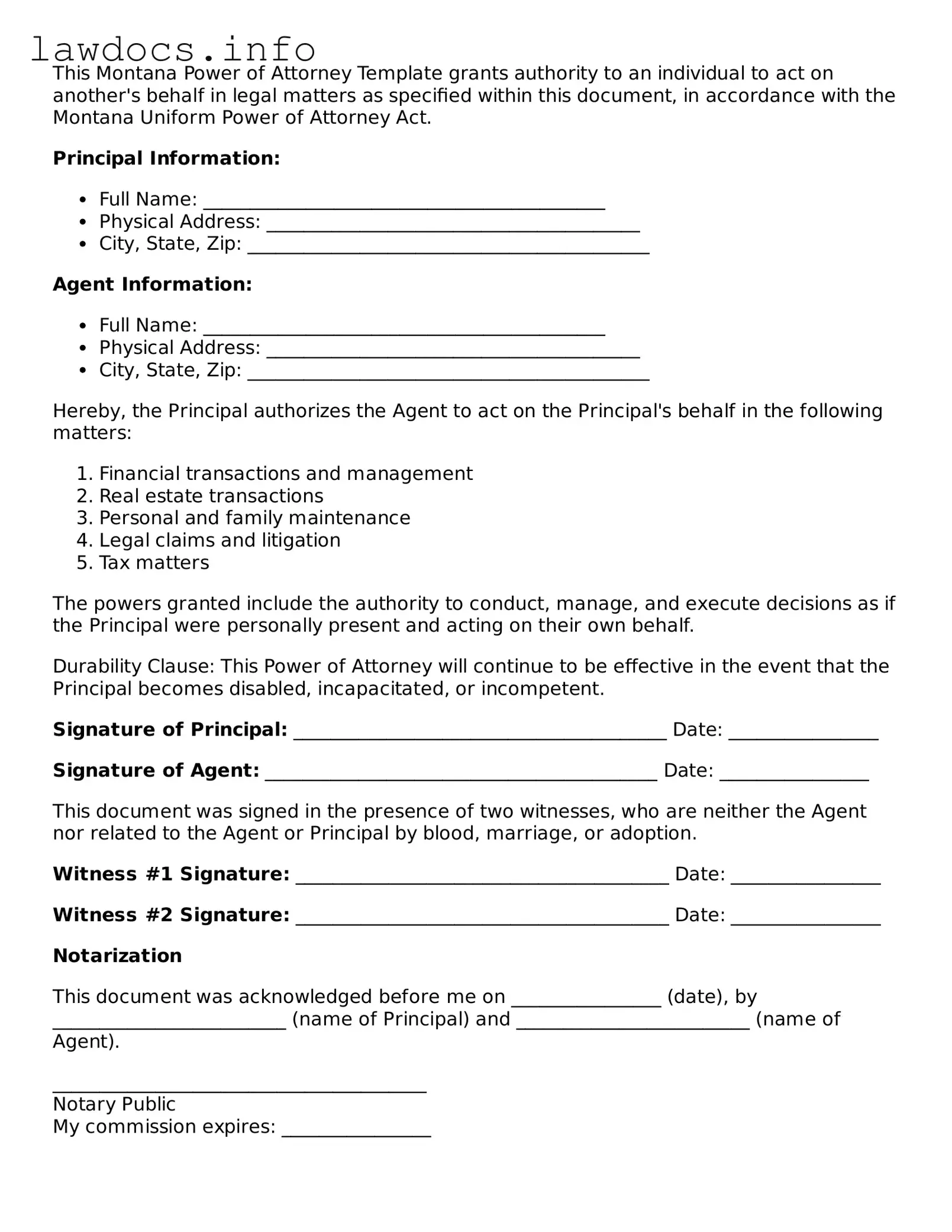 Blank Power of Attorney Template for the State of Montana