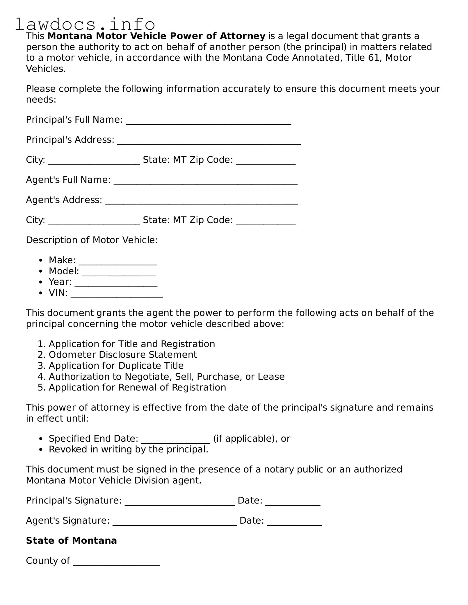 Blank Motor Vehicle Power of Attorney Template for the State of Montana