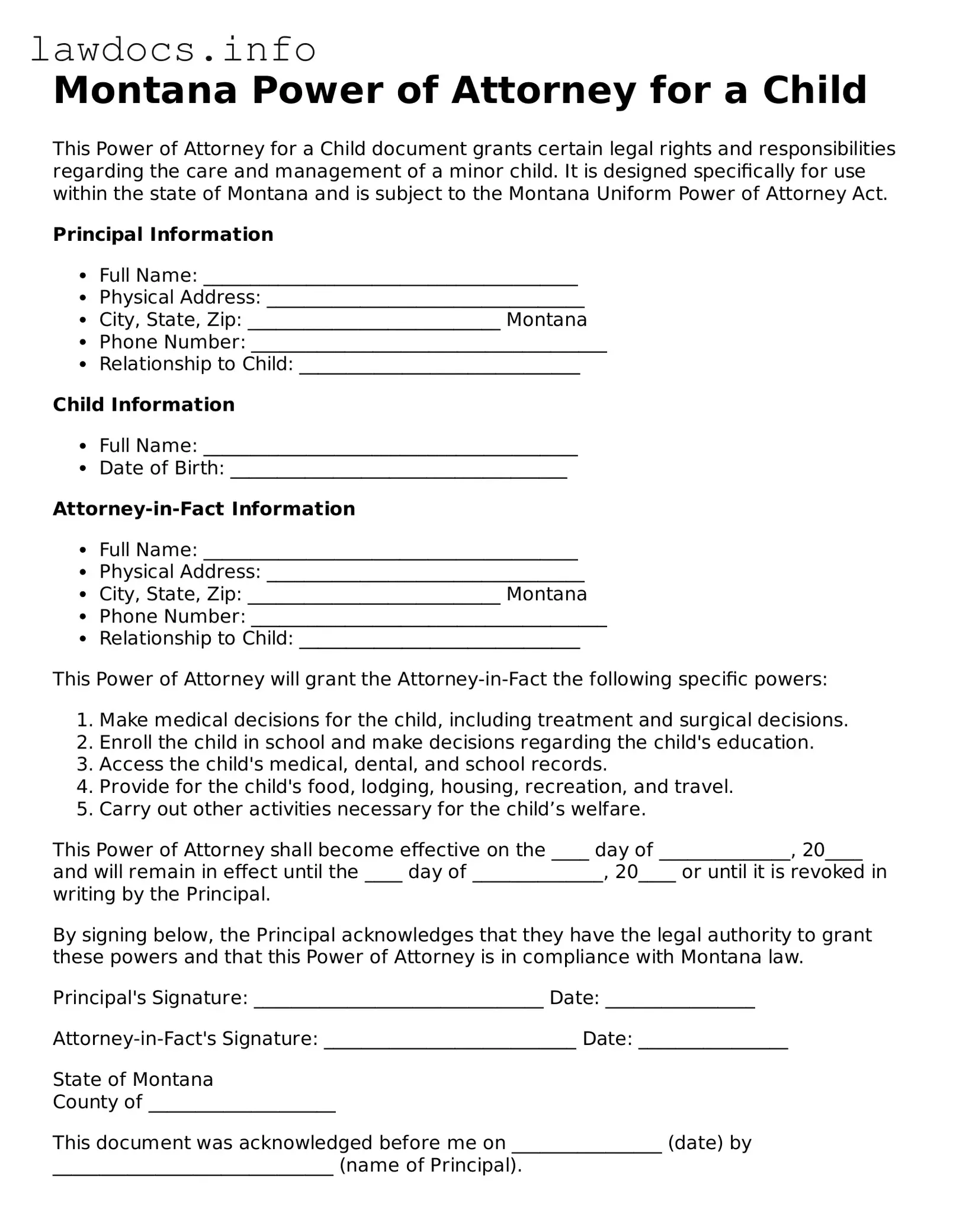 Blank Power of Attorney for a Child Template for the State of Montana