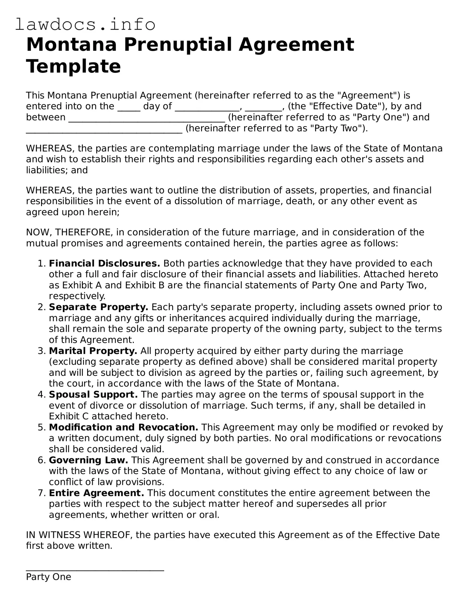 Blank Prenuptial Agreement Template for the State of Montana