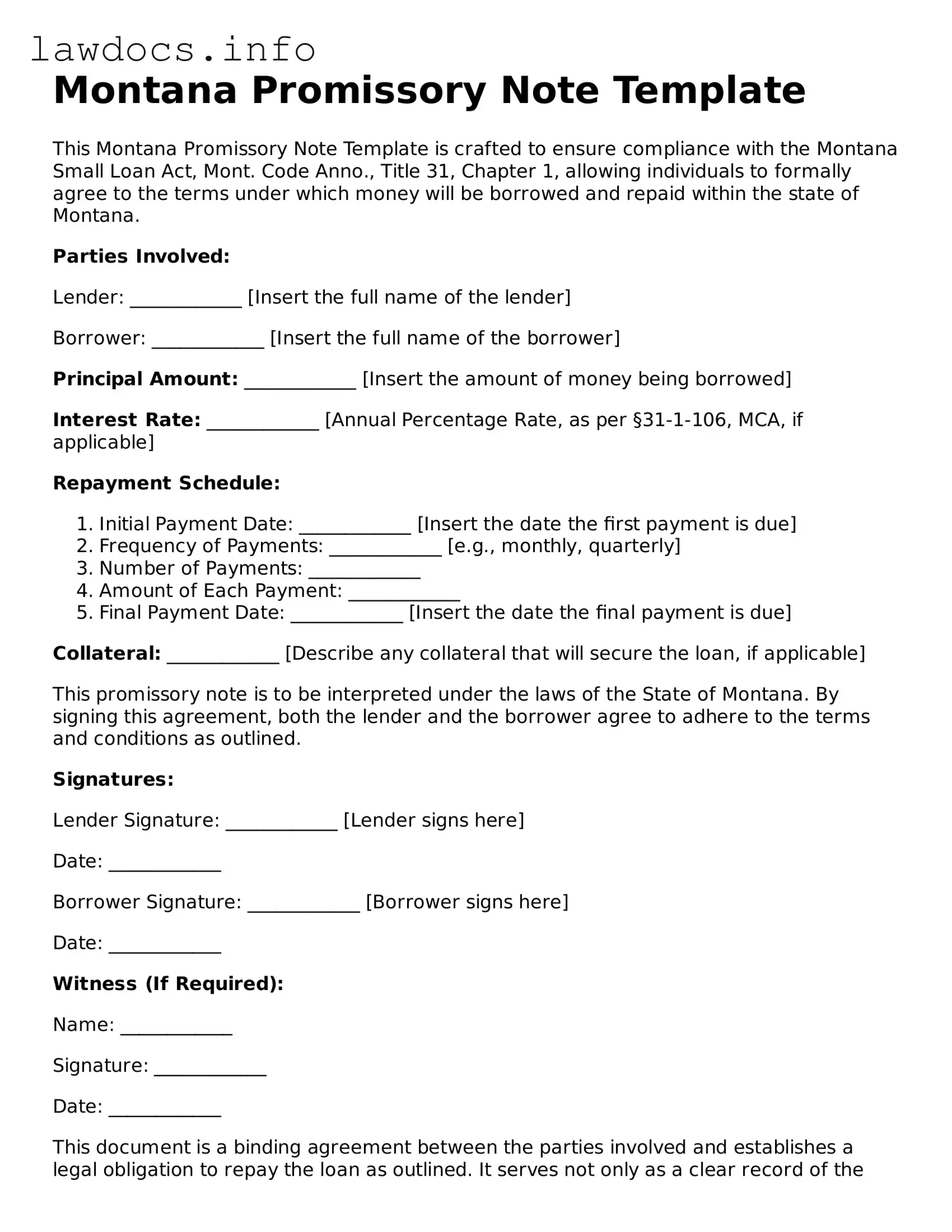 Blank Promissory Note Template for the State of Montana