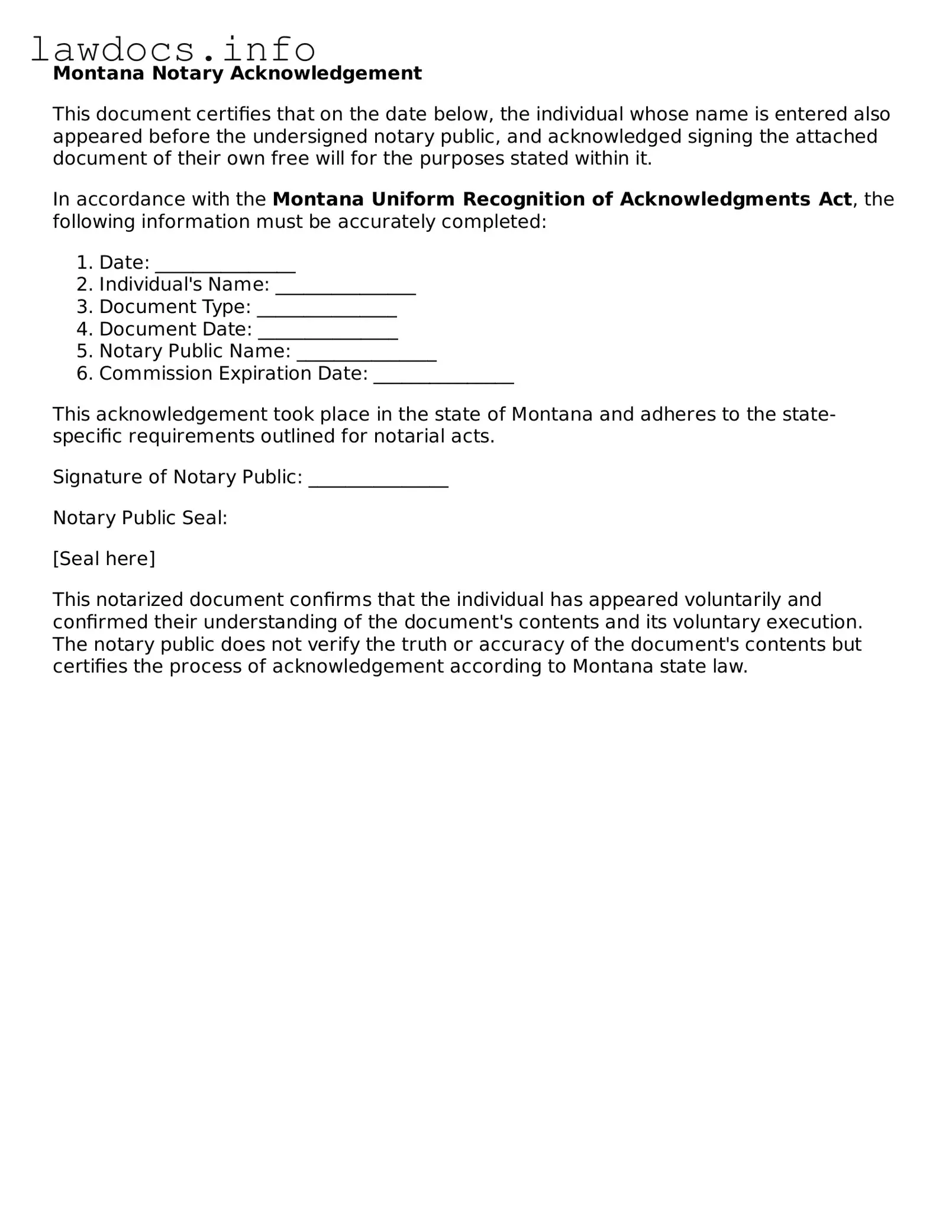 Blank Notary Acknowledgement Template for the State of Montana