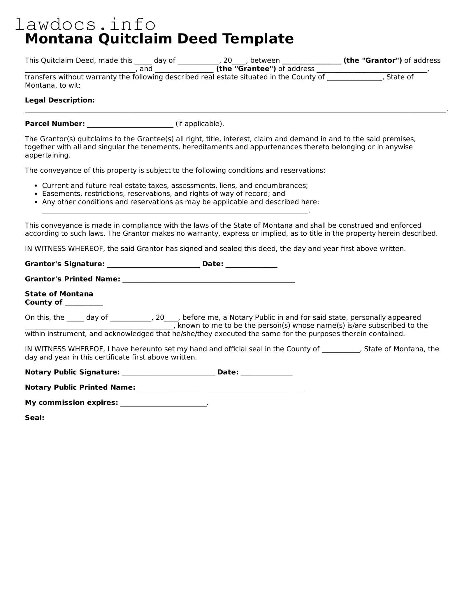 Blank Quitclaim Deed Template for the State of Montana