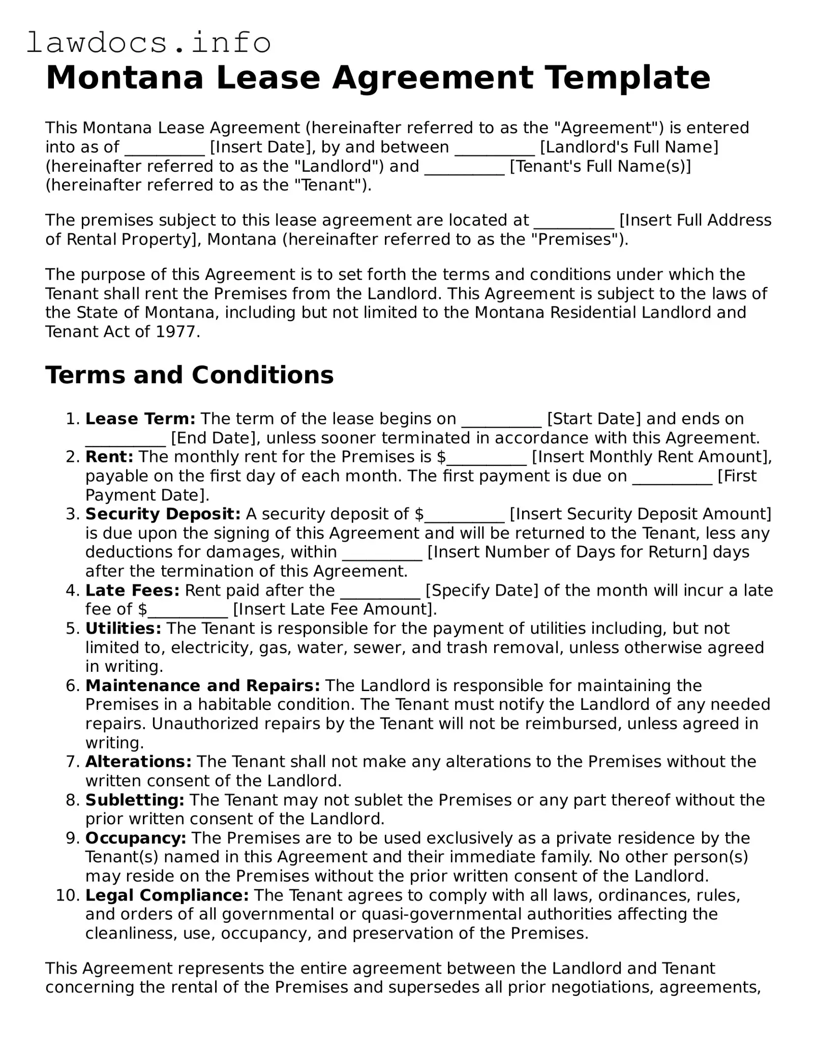 Blank Lease Agreement Template for the State of Montana