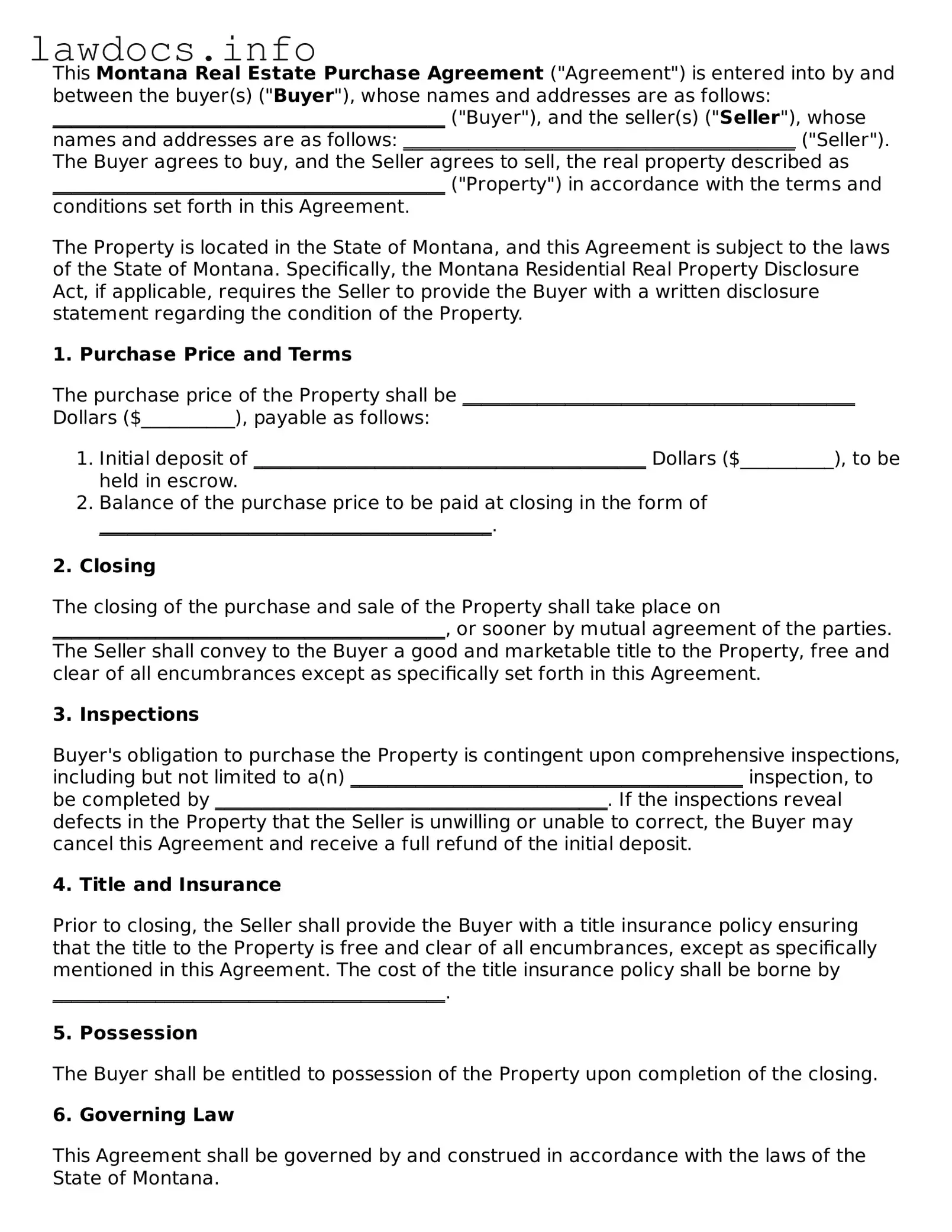 Blank Real Estate Purchase Agreement Template for the State of Montana