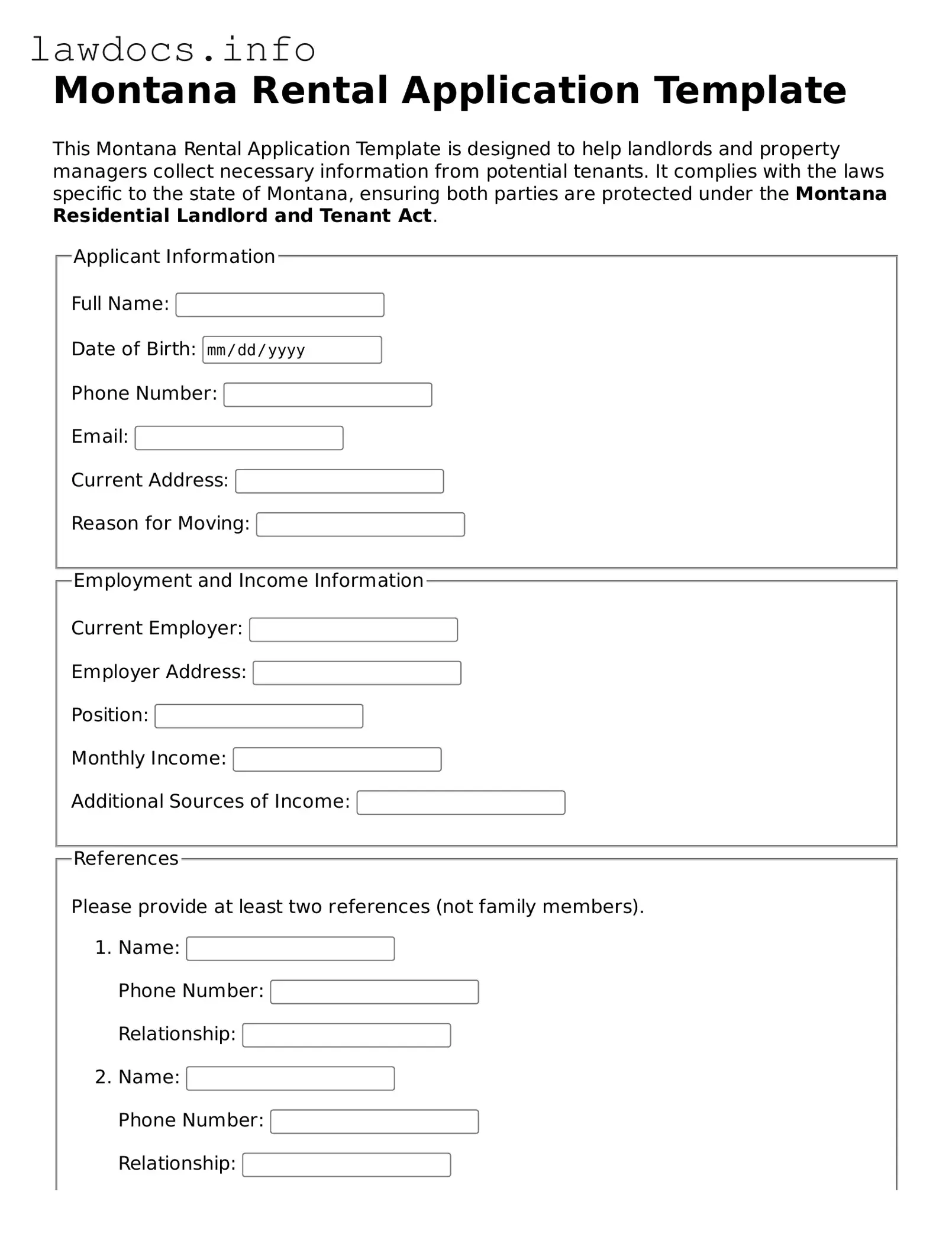Blank Rental Application Template for the State of Montana