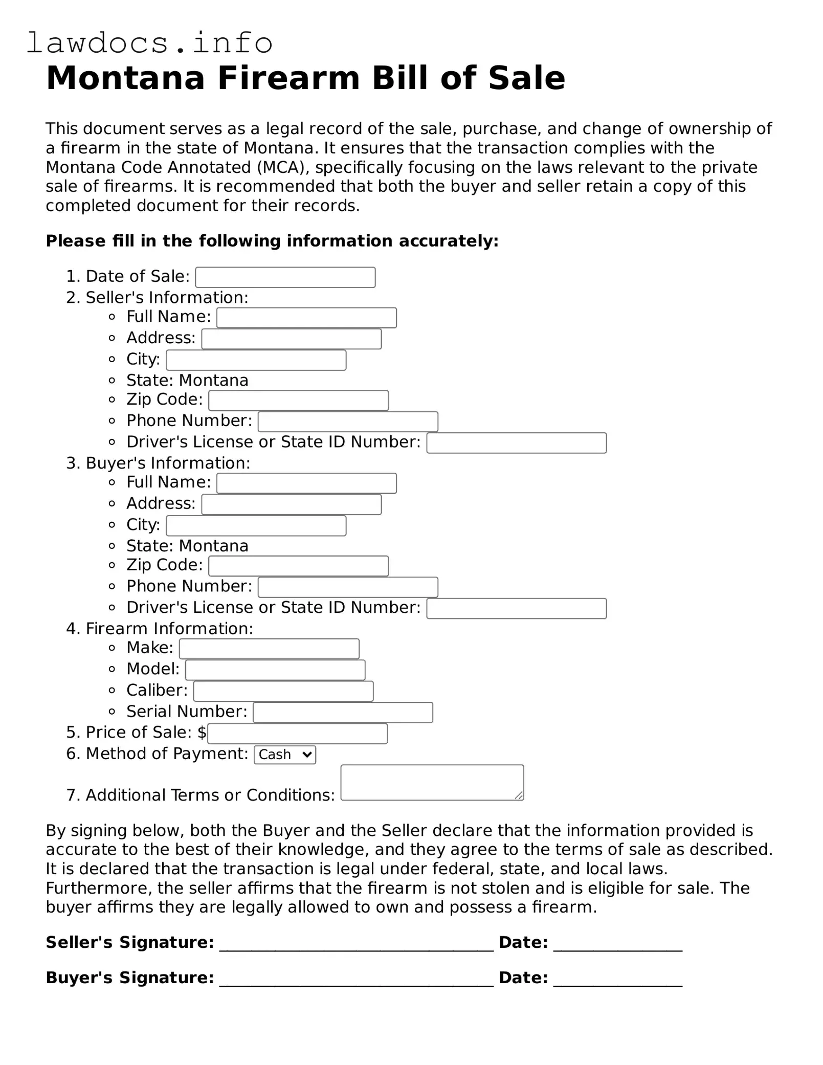 Blank Firearm Bill of Sale Template for the State of Montana