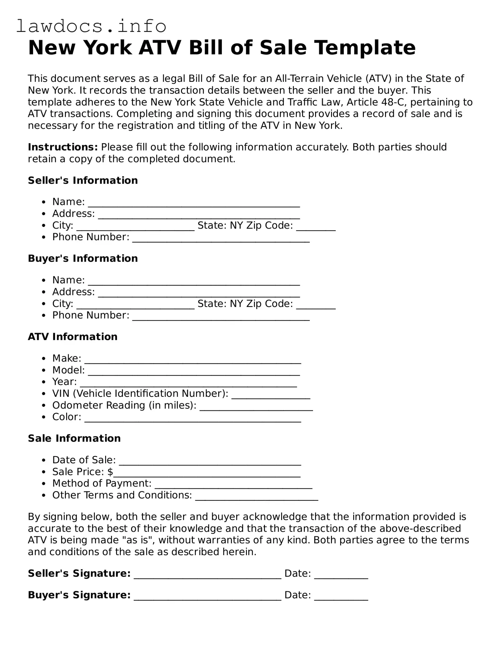 Blank ATV Bill of Sale Template for the State of New York
