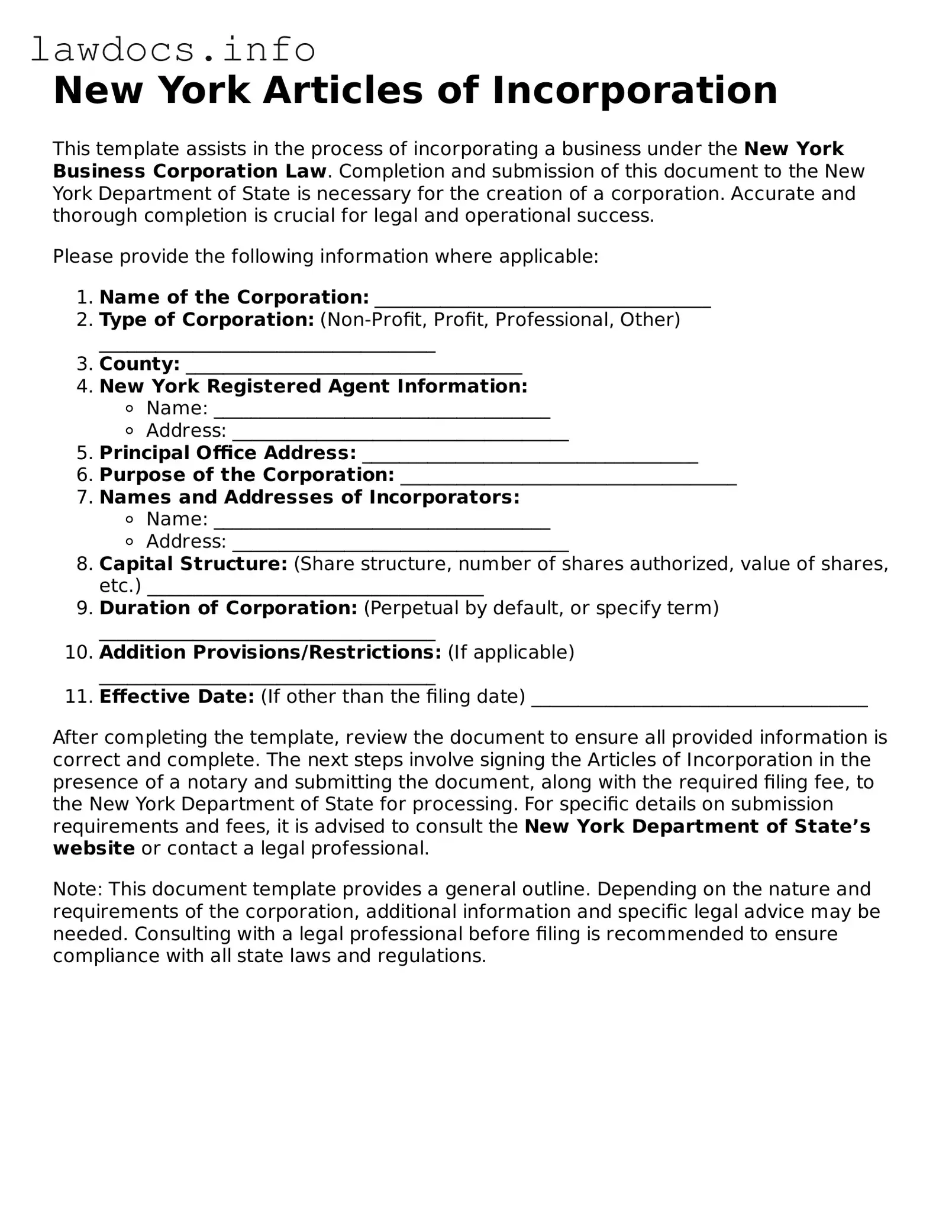 Blank Articles of Incorporation Template for the State of New York
