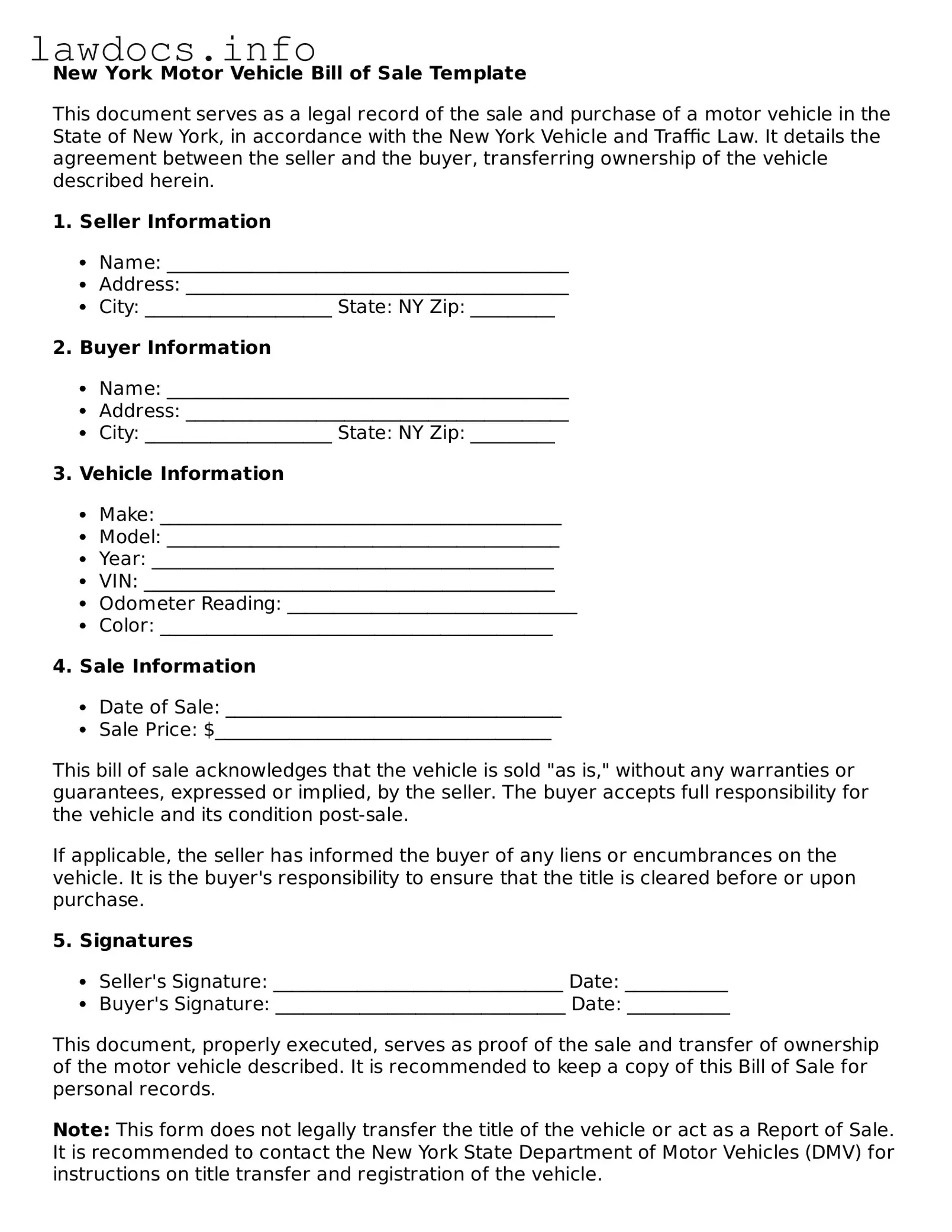Blank Motor Vehicle Bill of Sale Template for the State of New York