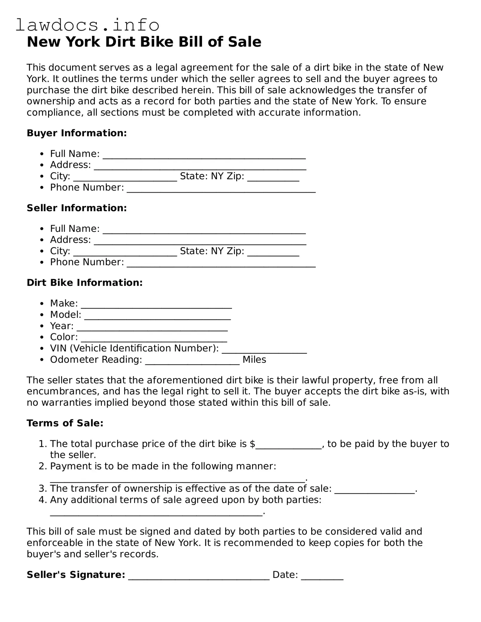 Blank Dirt Bike Bill of Sale Template for the State of New York