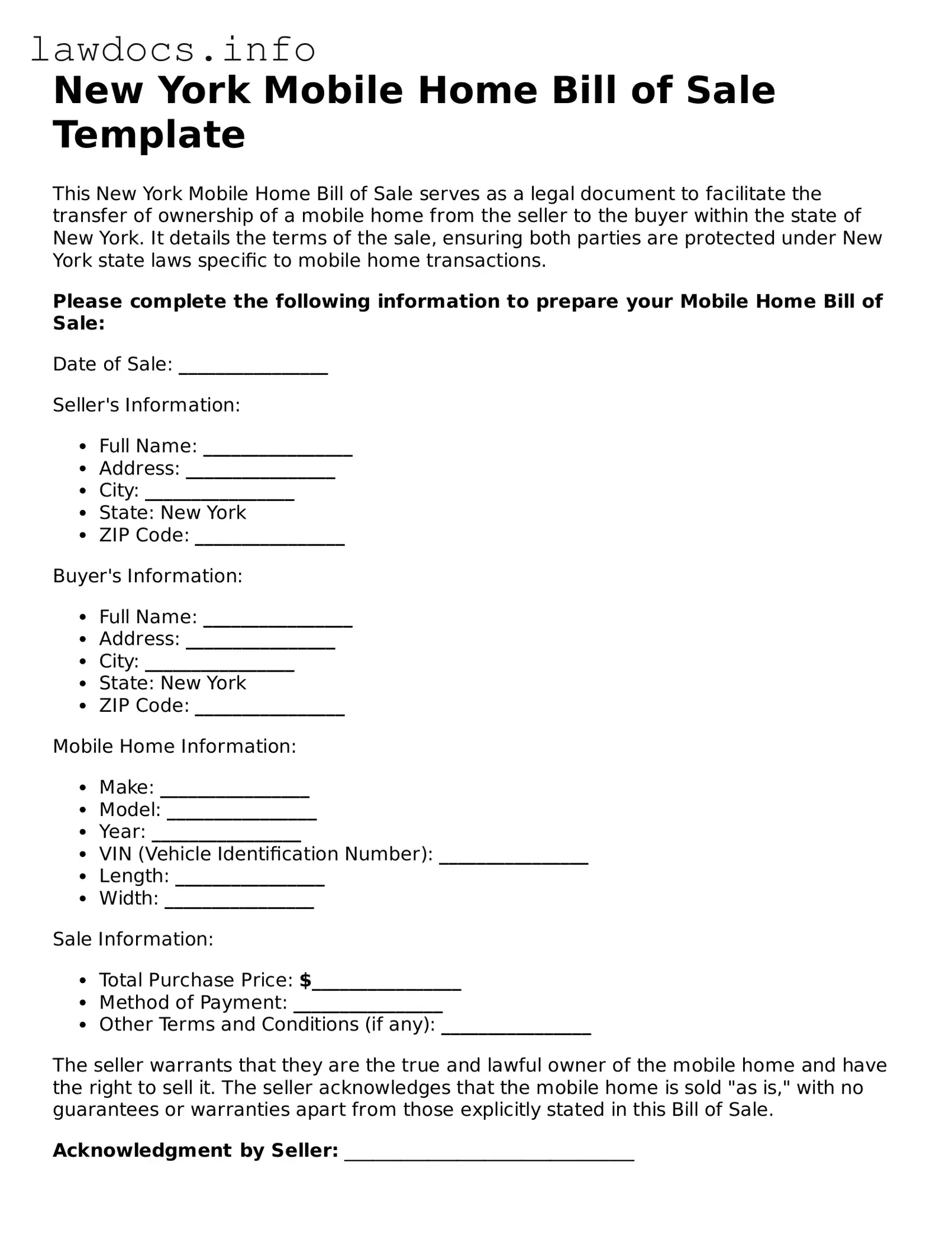 Blank Mobile Home Bill of Sale Template for the State of New York