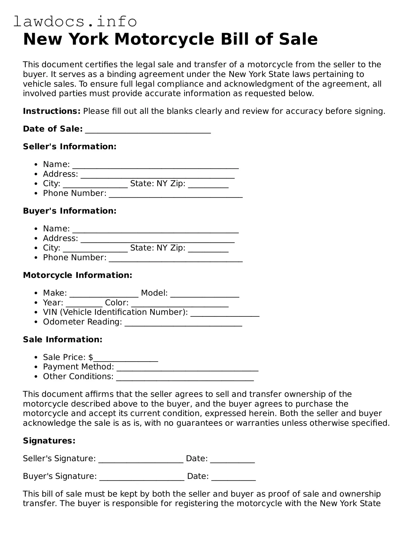 Blank Motorcycle Bill of Sale Template for the State of New York