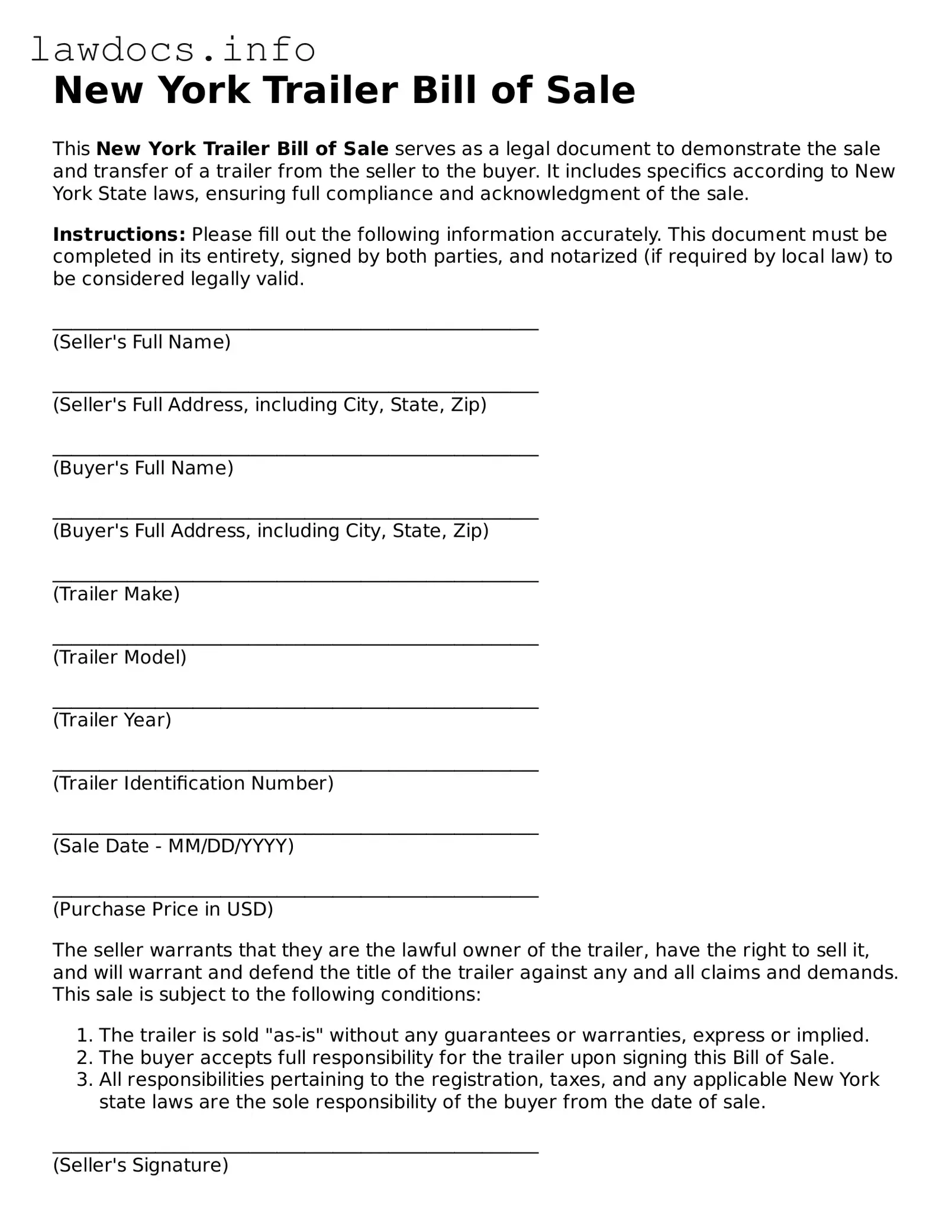 Blank Trailer Bill of Sale Template for the State of New York