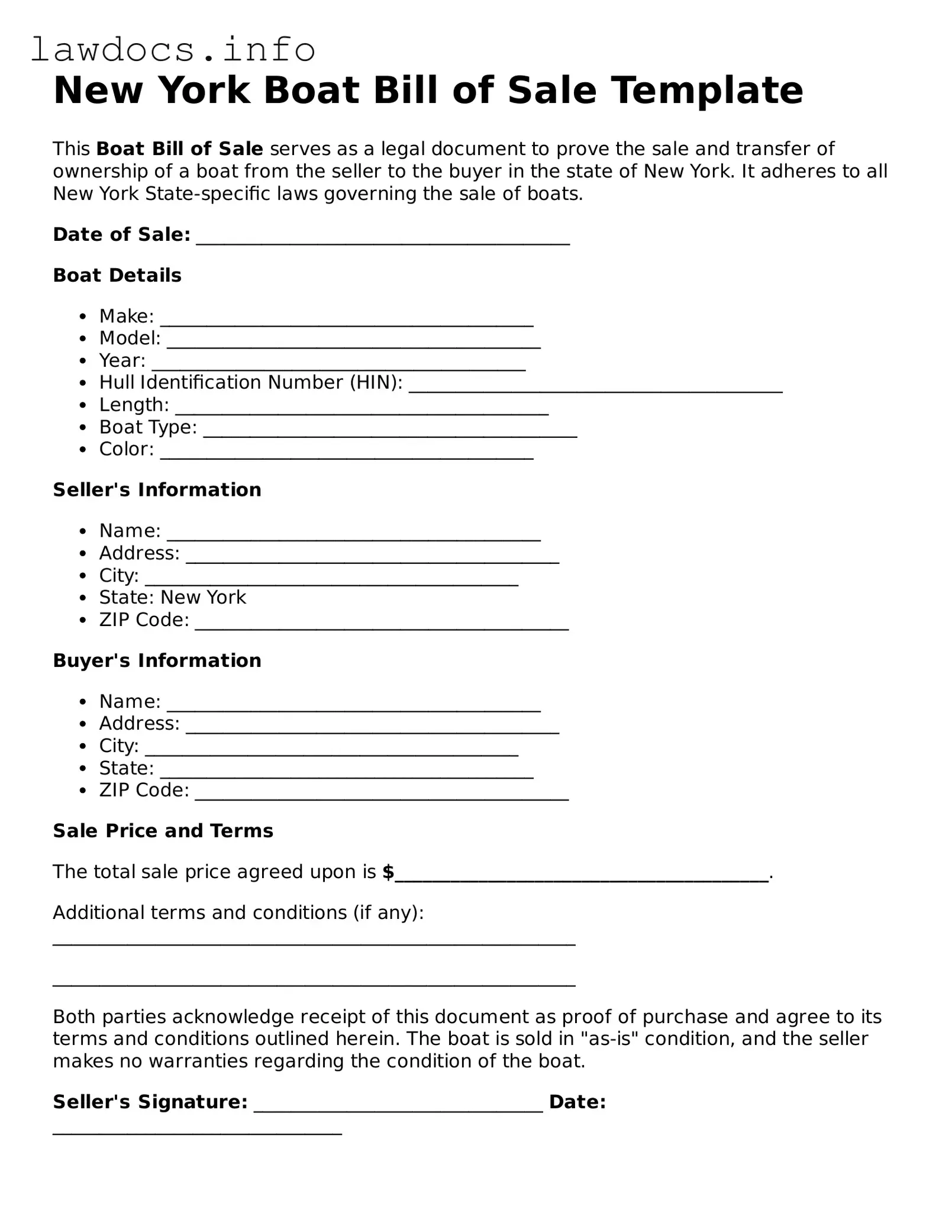 Blank Boat Bill of Sale Template for the State of New York