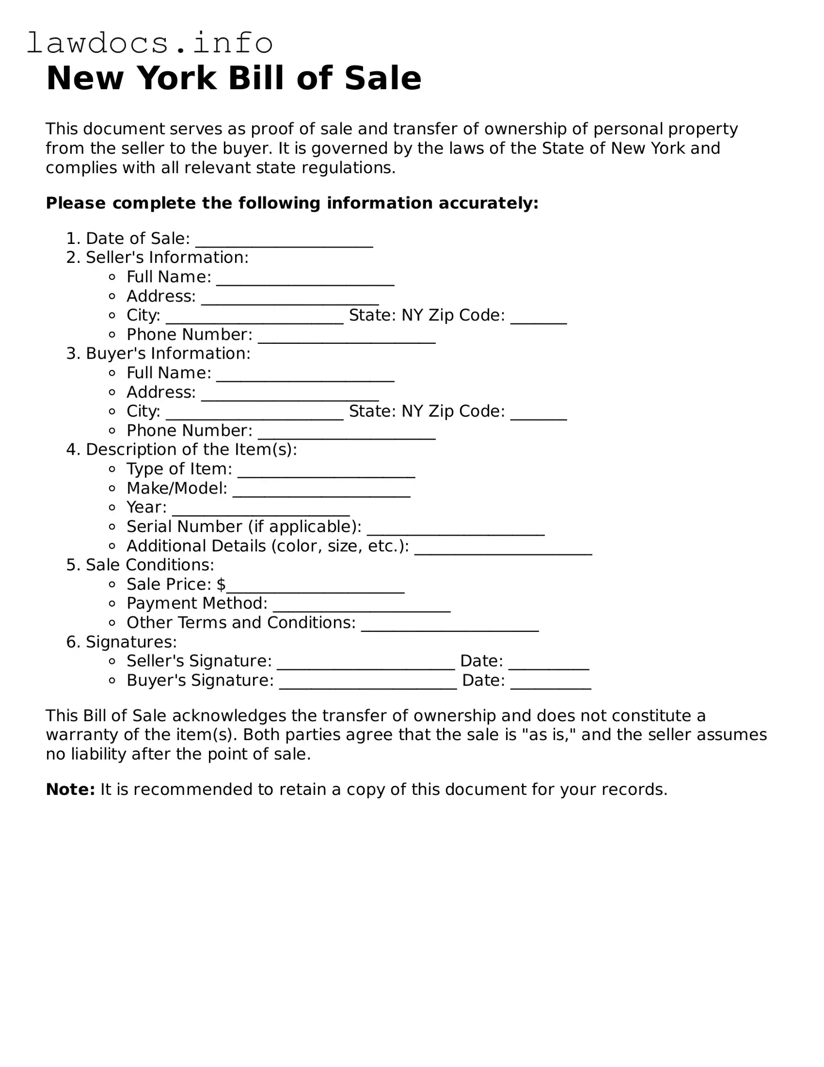 Blank Bill of Sale Template for the State of New York