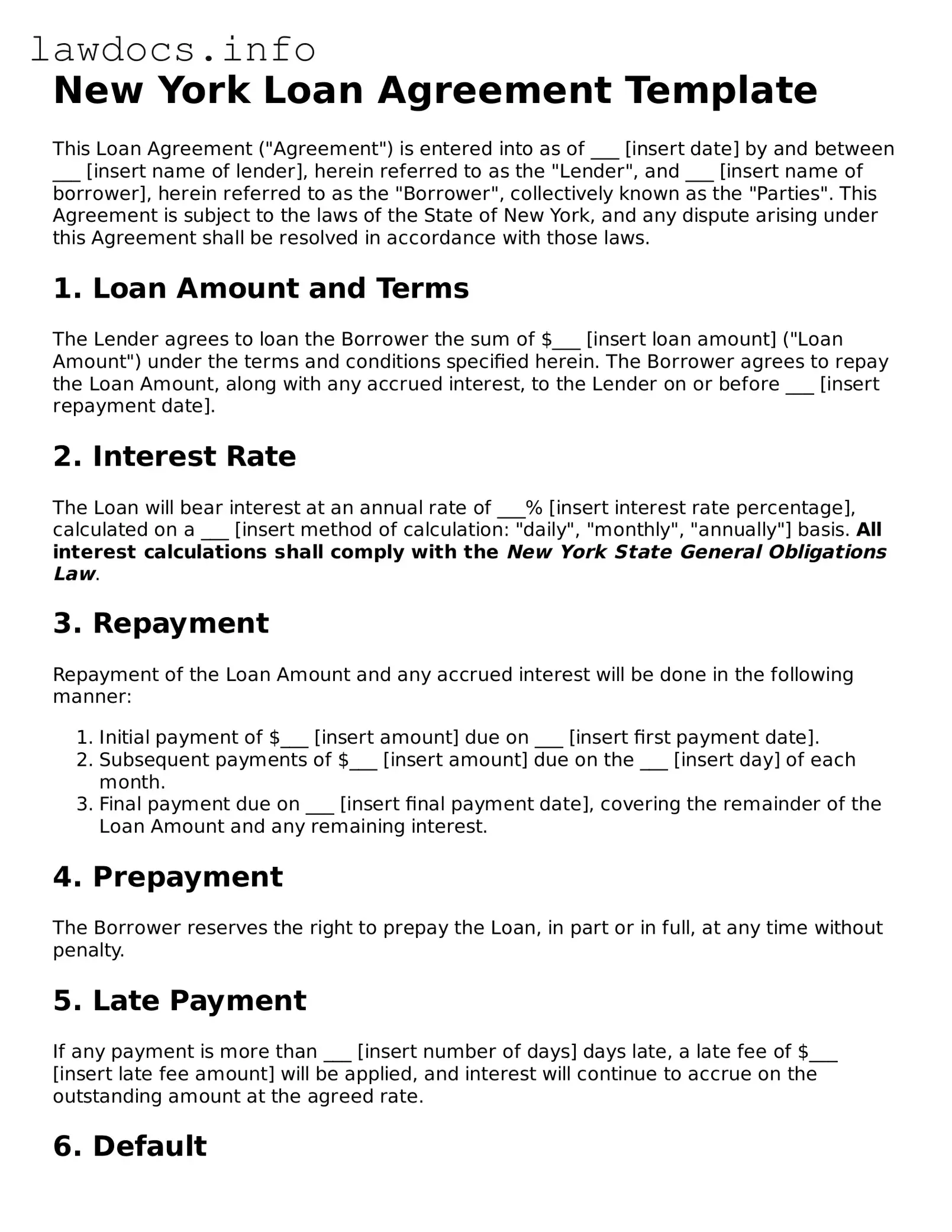 Blank Loan Agreement Template for the State of New York