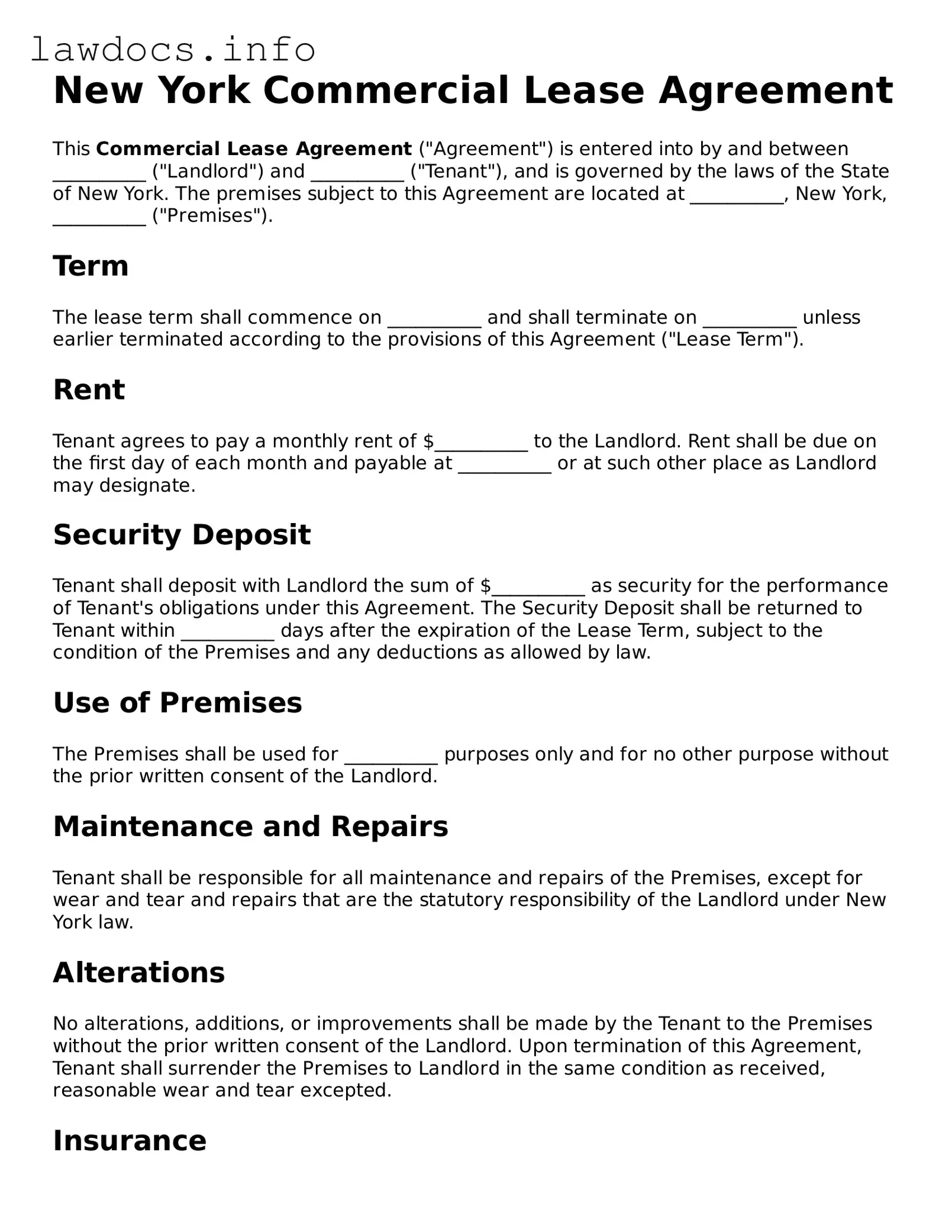 Blank Commercial Lease Agreement Template for the State of New York
