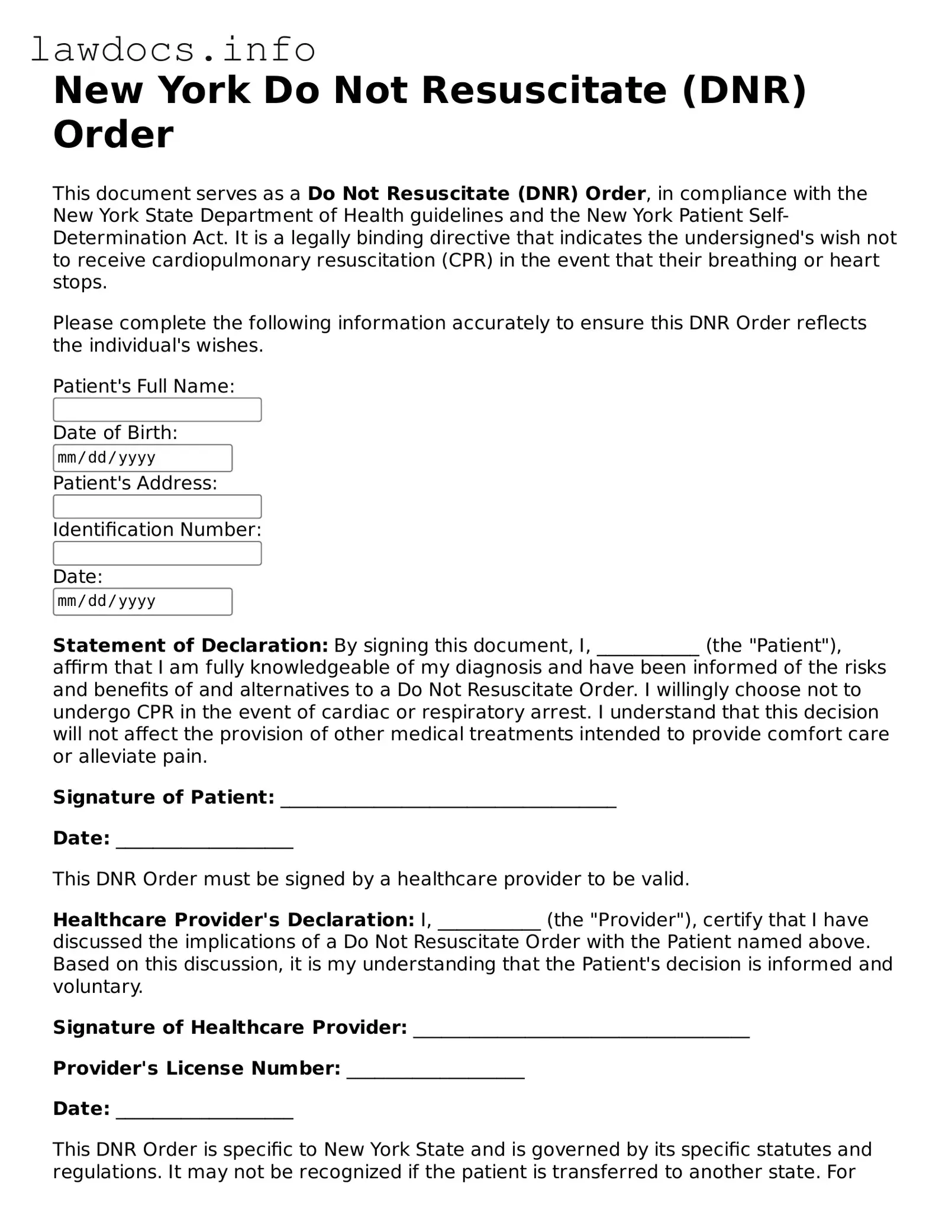 Blank Do Not Resuscitate Order Template for the State of New York