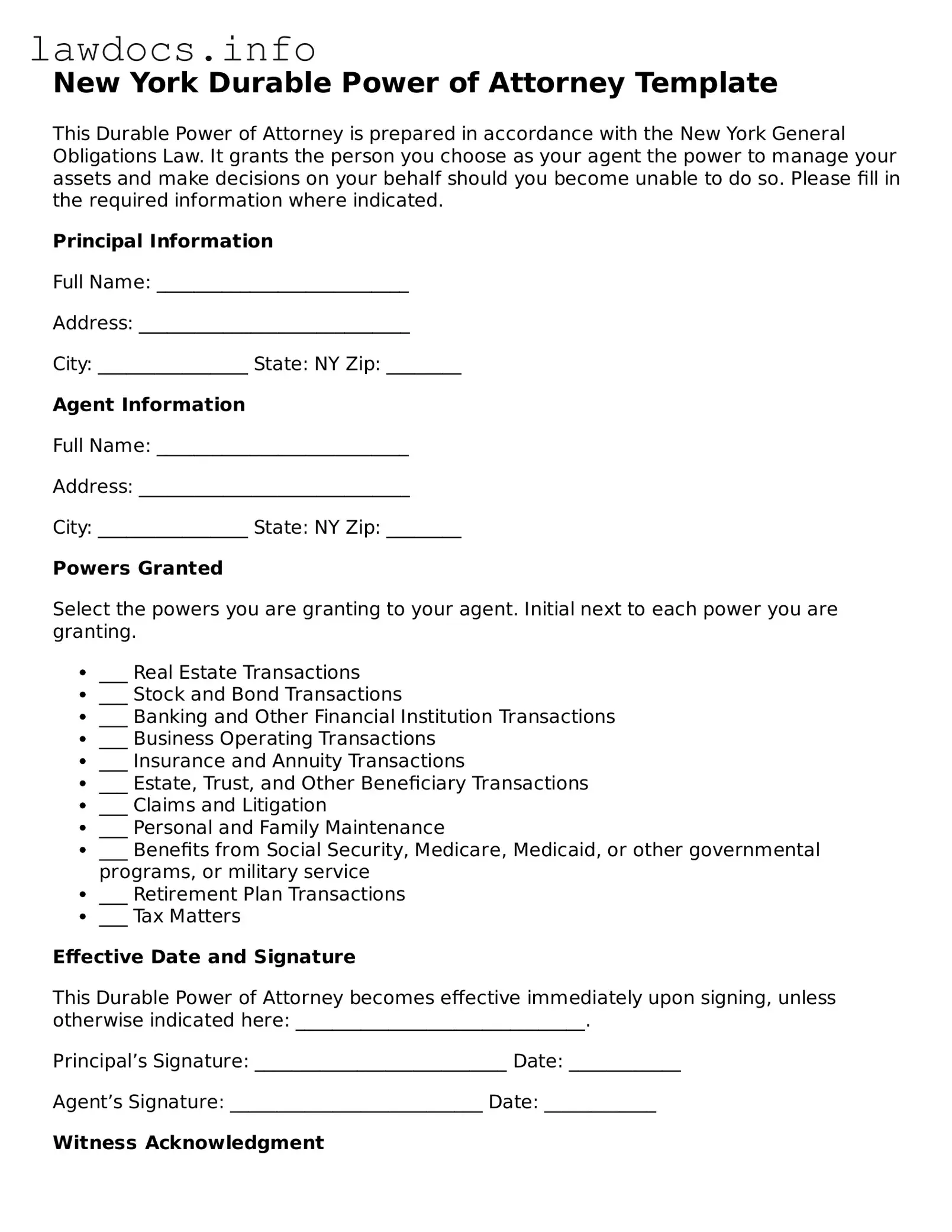 Blank Durable Power of Attorney Template for the State of New York