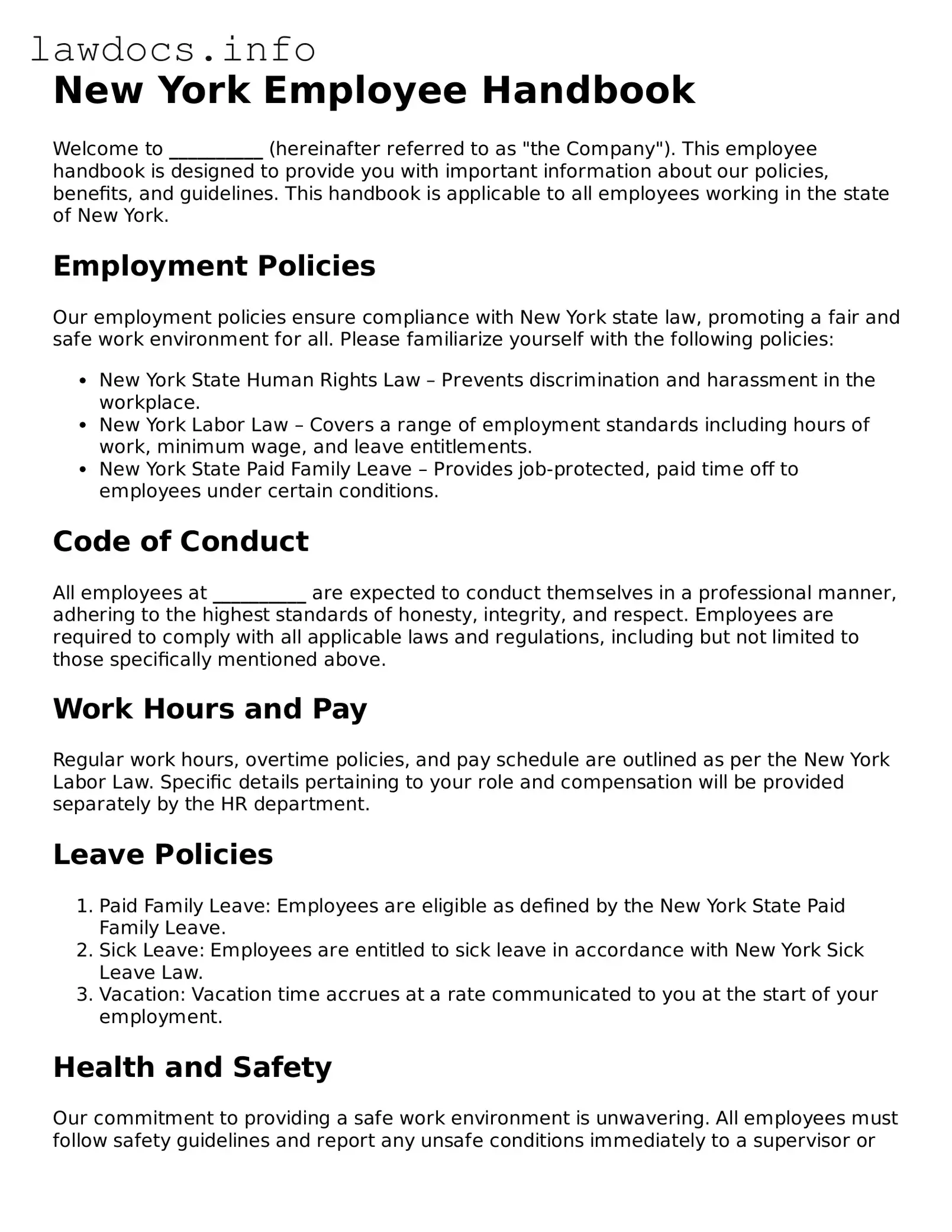 Blank Employee Handbook Template for the State of New York