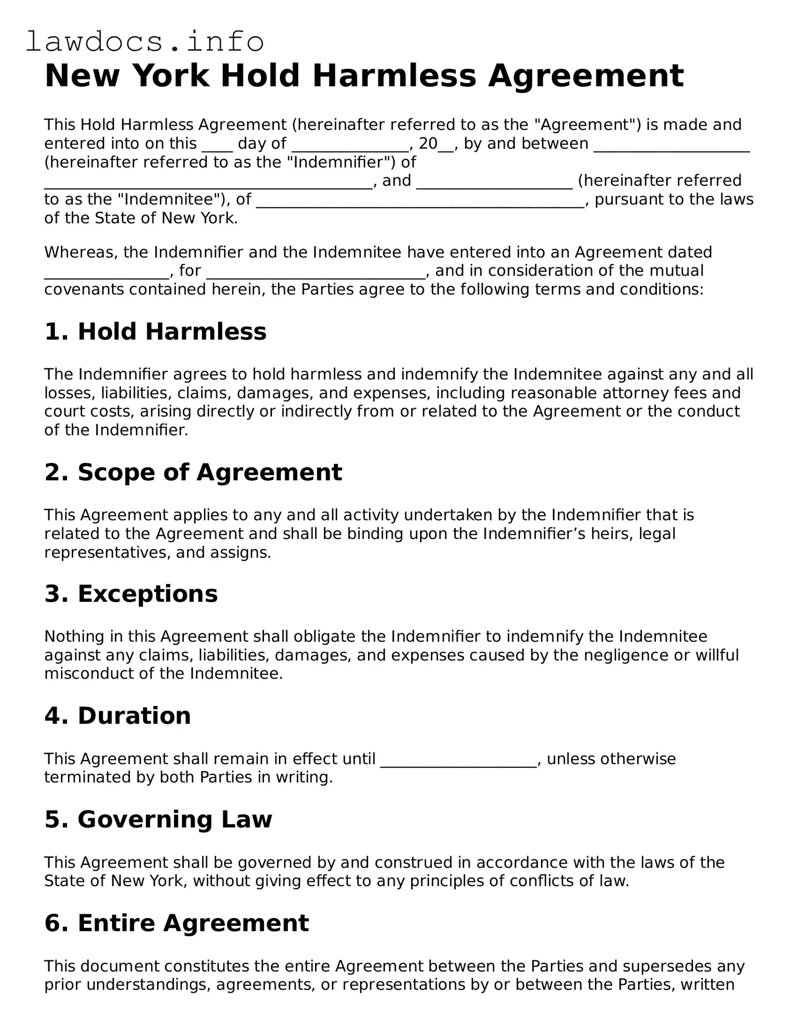 Blank Hold Harmless Agreement Template for the State of New York
