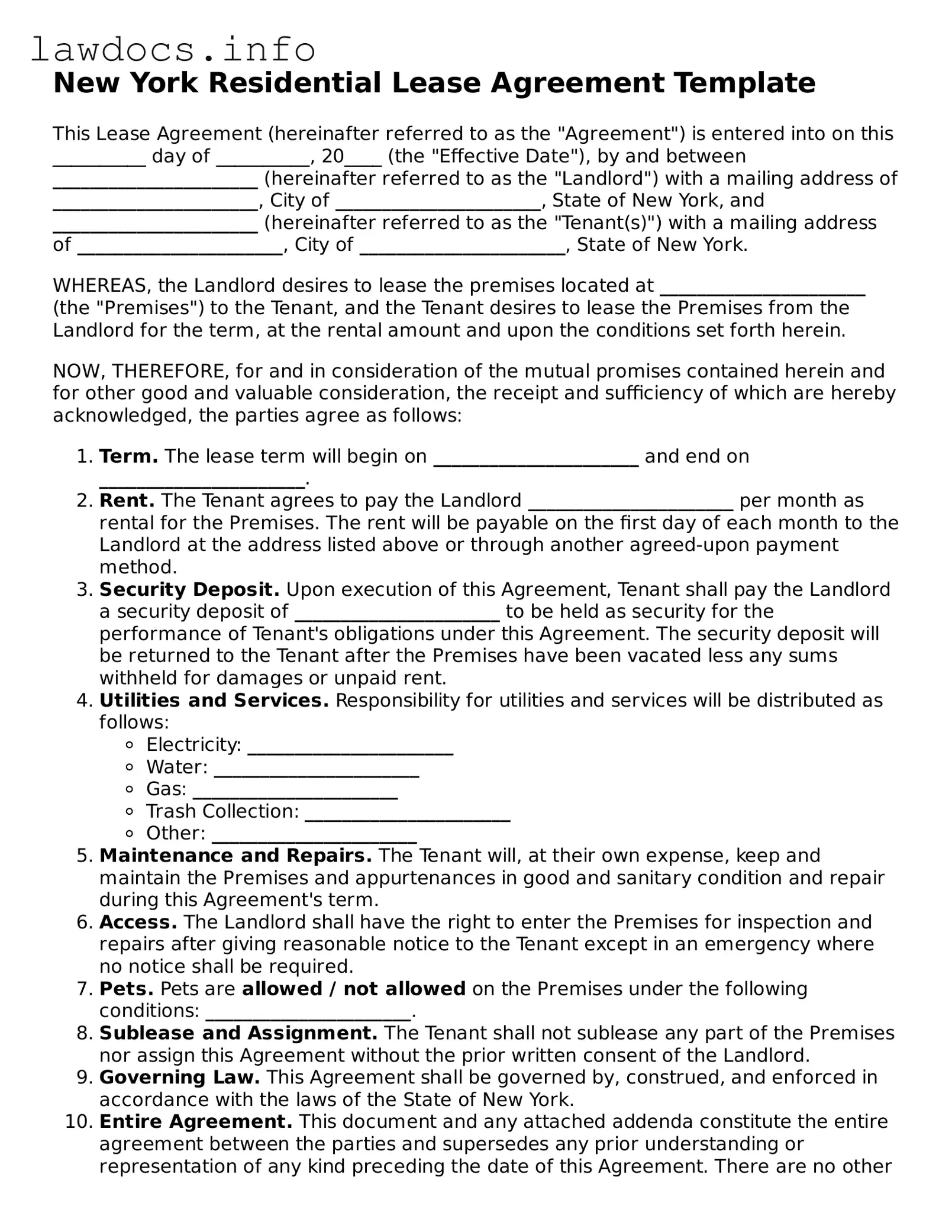 Blank Residential Lease Agreement Template for the State of New York