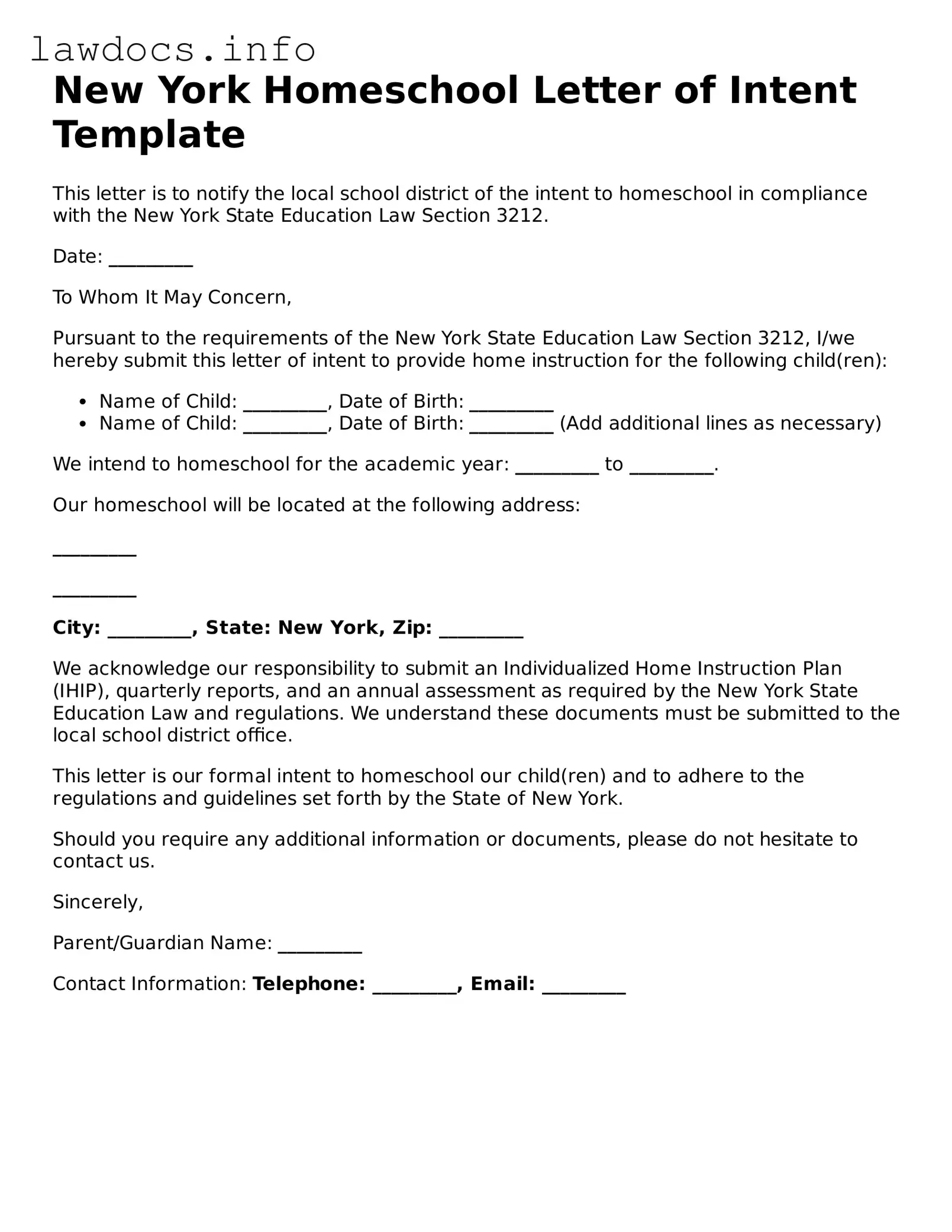 Blank Homeschool Letter of Intent Template for the State of New York