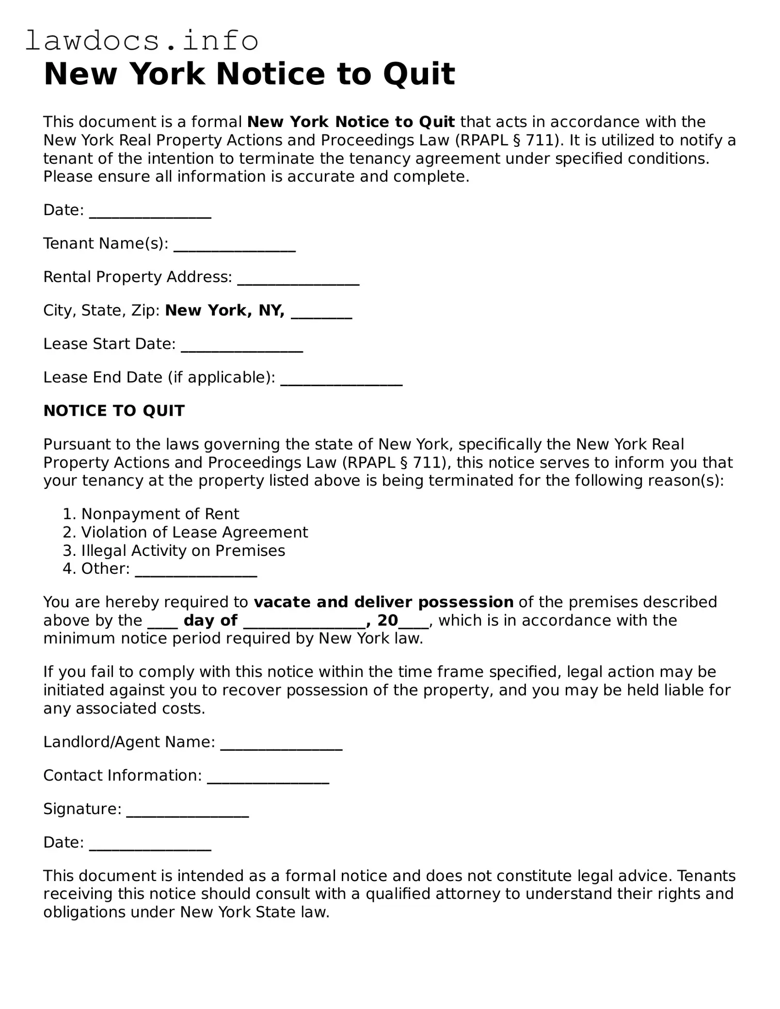 Blank Notice to Quit Template for the State of New York