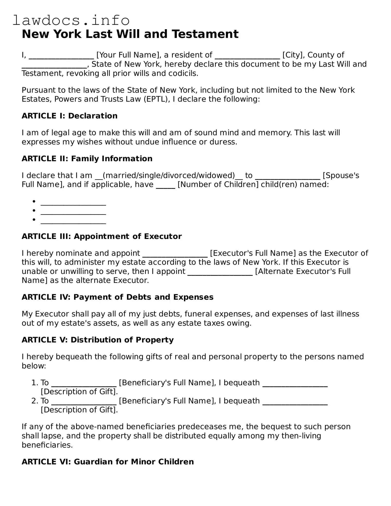 Blank Last Will and Testament Template for the State of New York
