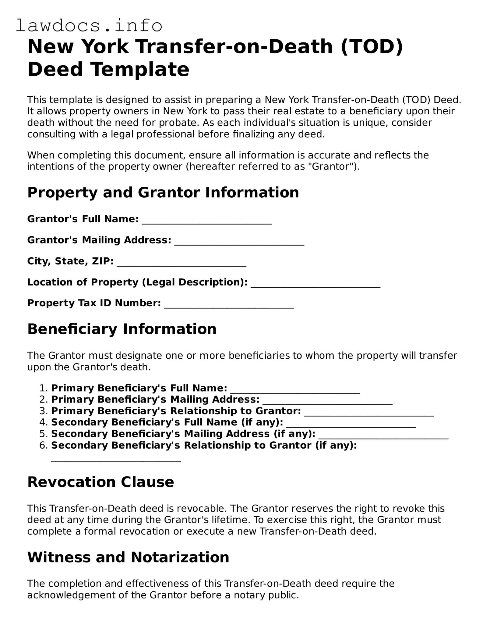 Blank Transfer-on-Death Deed Template for the State of New York