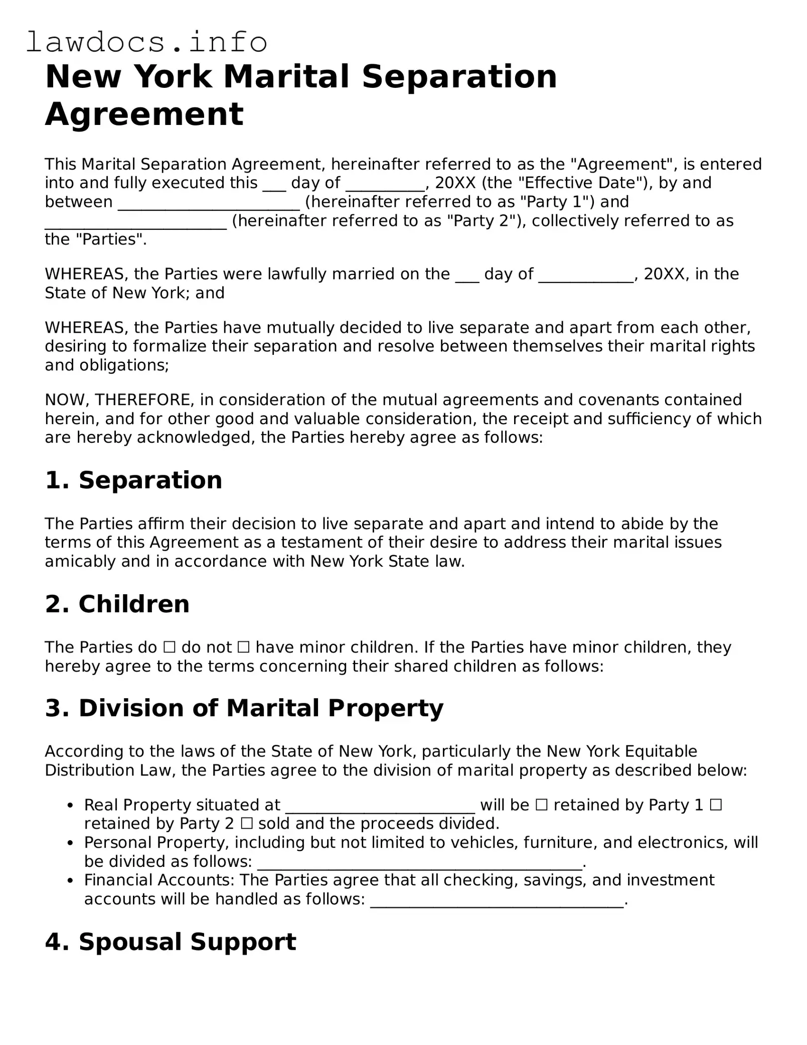 Blank Marital Separation Agreement Template for the State of New York