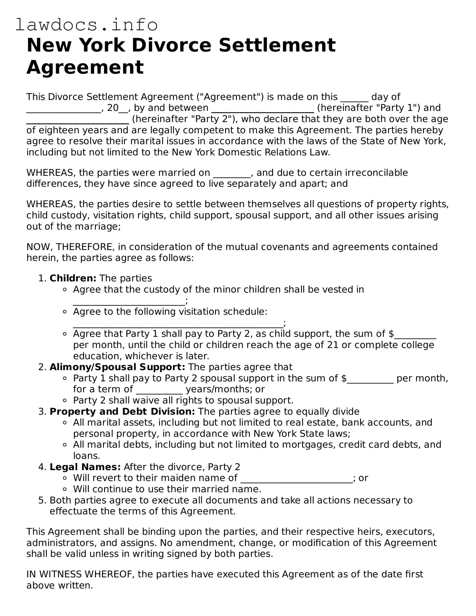 Blank Divorce Settlement Agreement Template for the State of New York