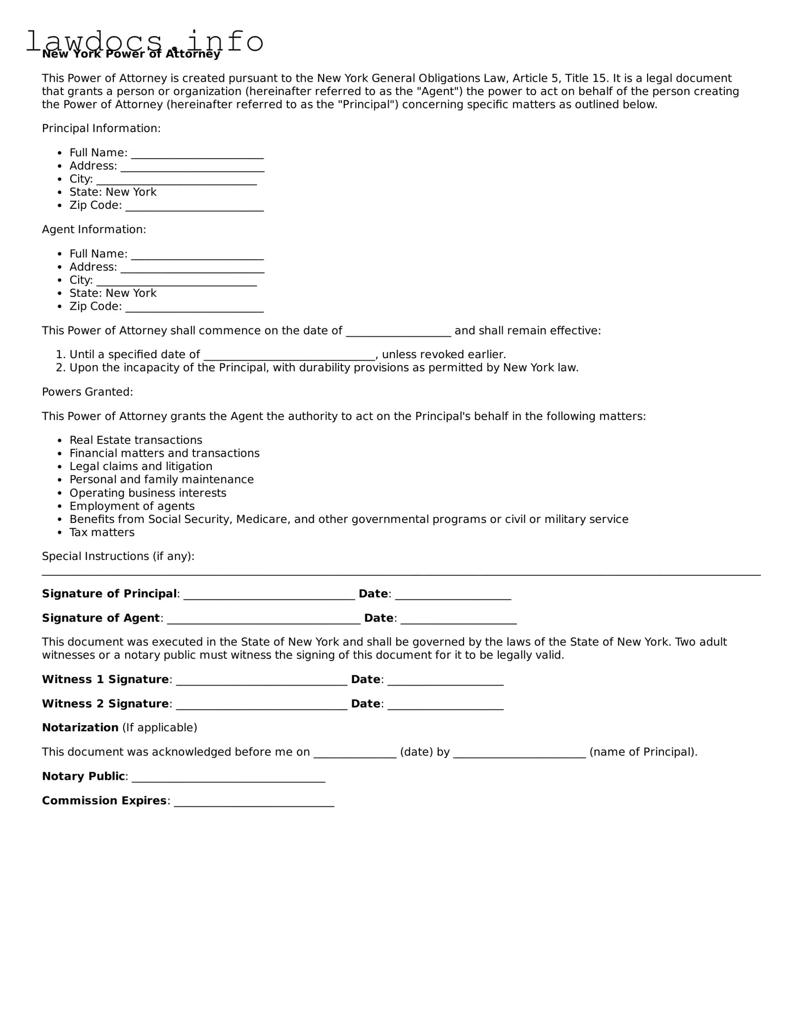 Blank Power of Attorney Template for the State of New York