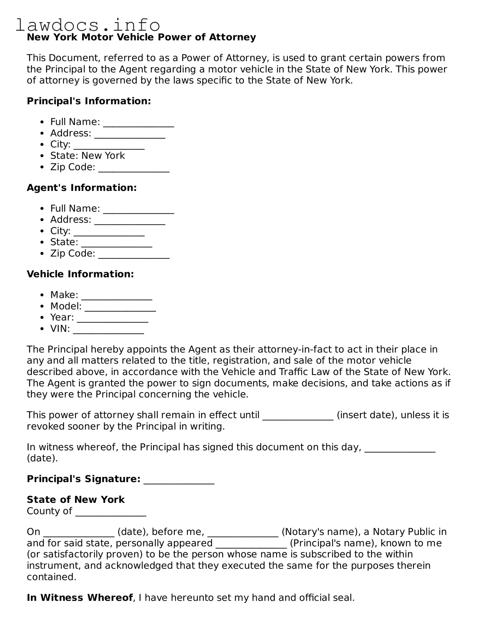 Blank Motor Vehicle Power of Attorney Template for the State of New York