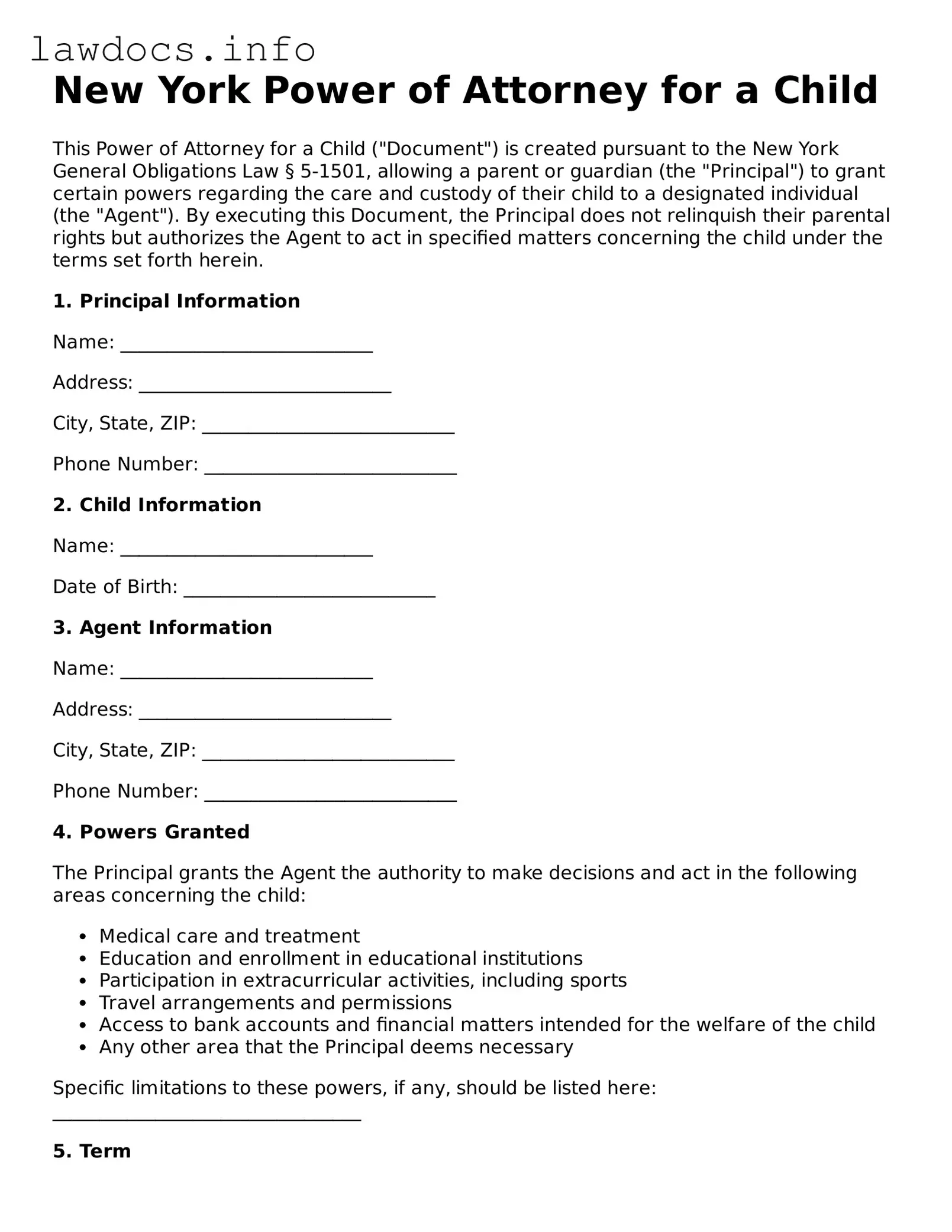 Blank Power of Attorney for a Child Template for the State of New York