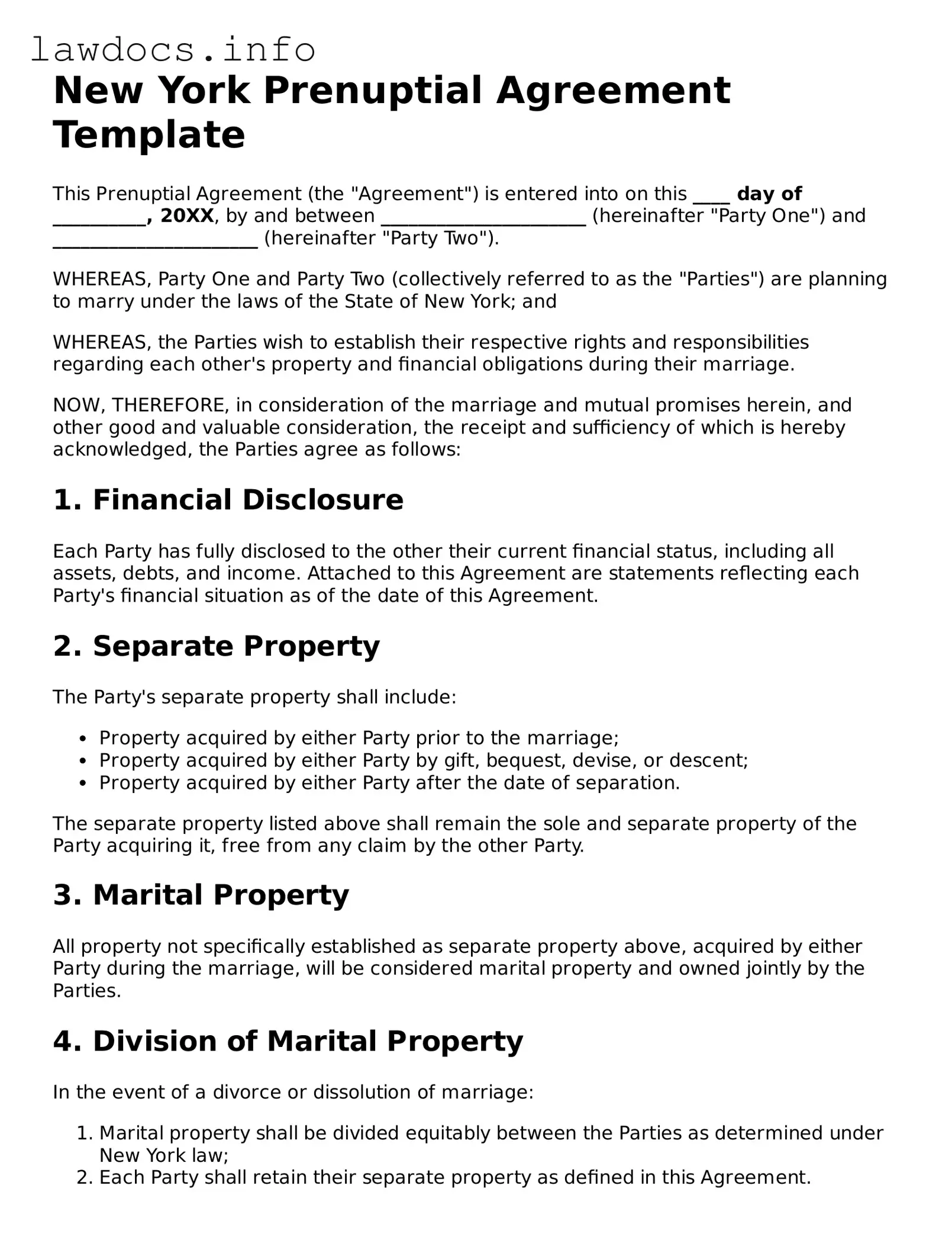 Blank Prenuptial Agreement Template for the State of New York