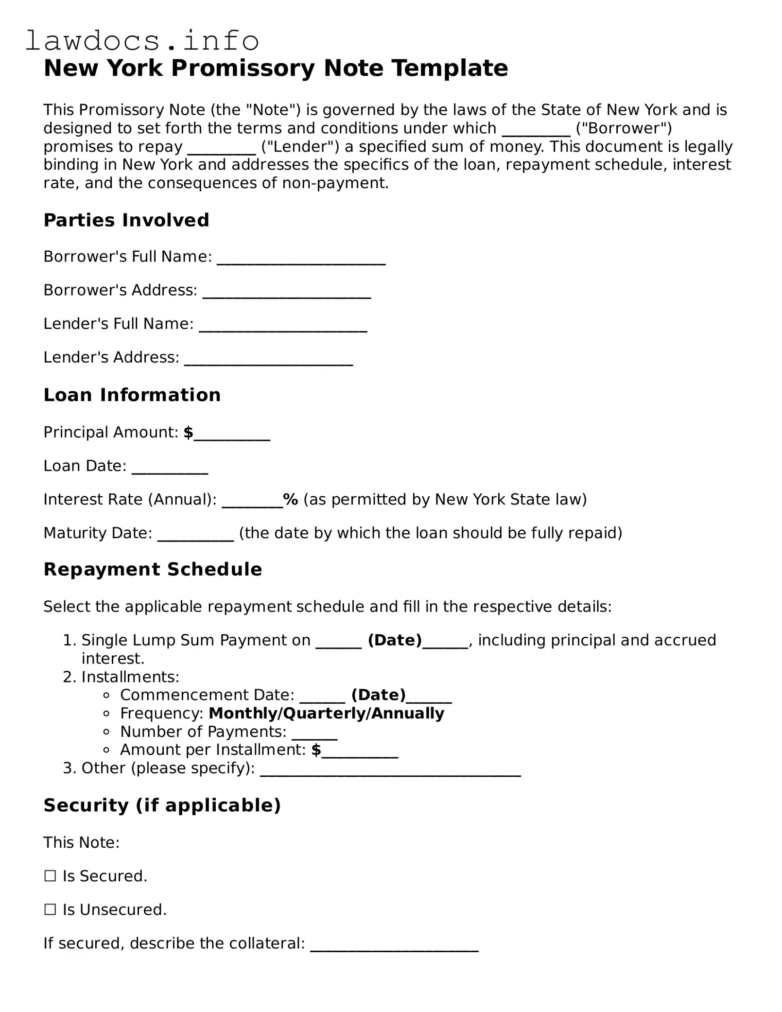 Blank Promissory Note Template for the State of New York