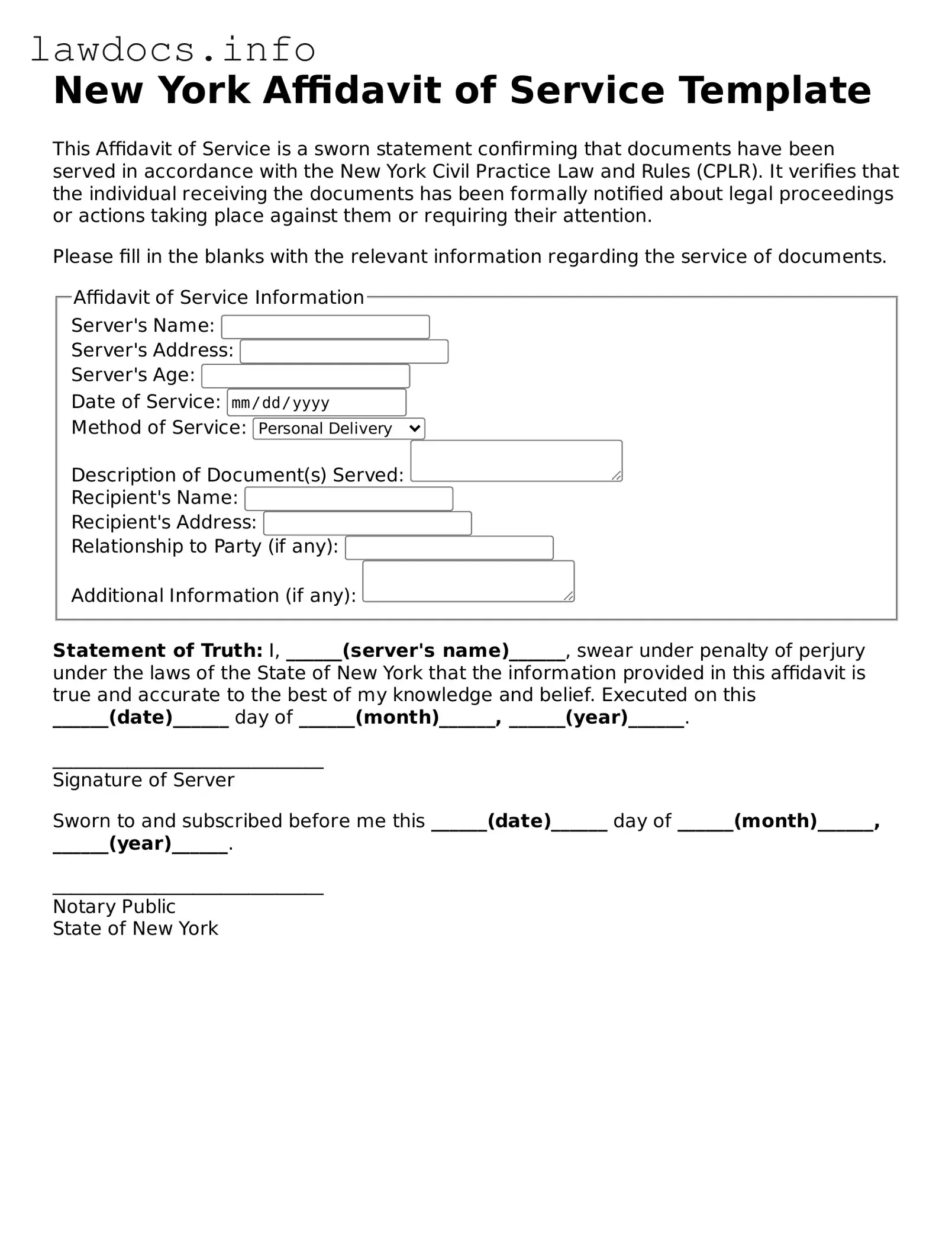 Blank Affidavit of Service Template for the State of New York