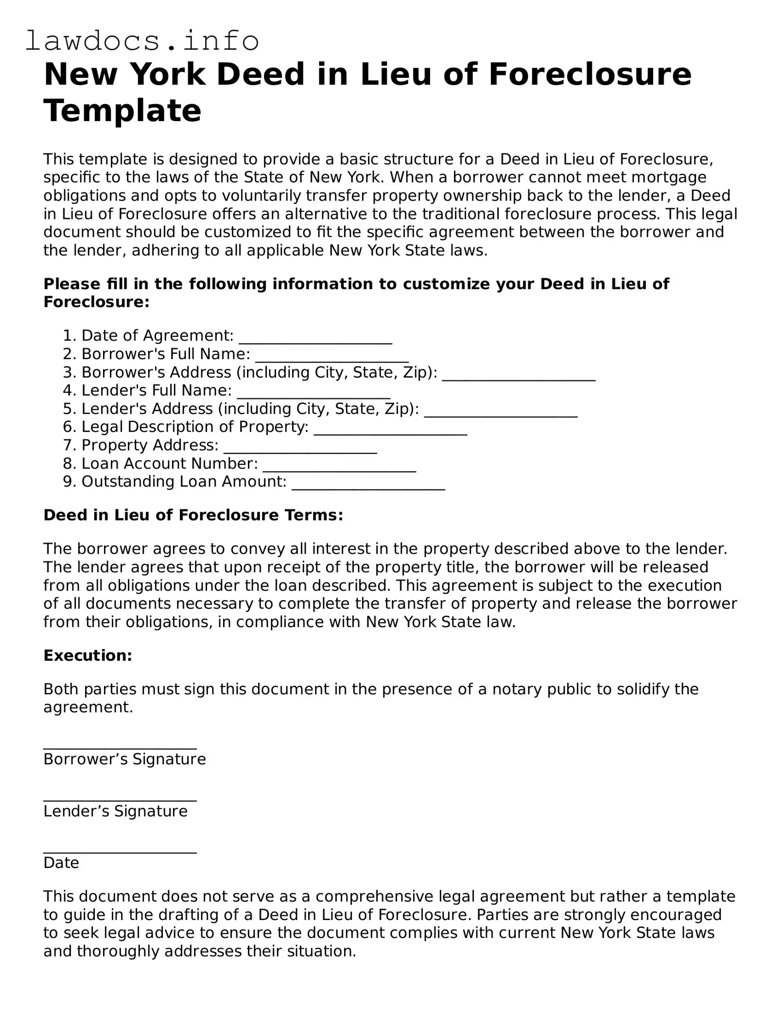 Blank Deed in Lieu of Foreclosure Template for the State of New York