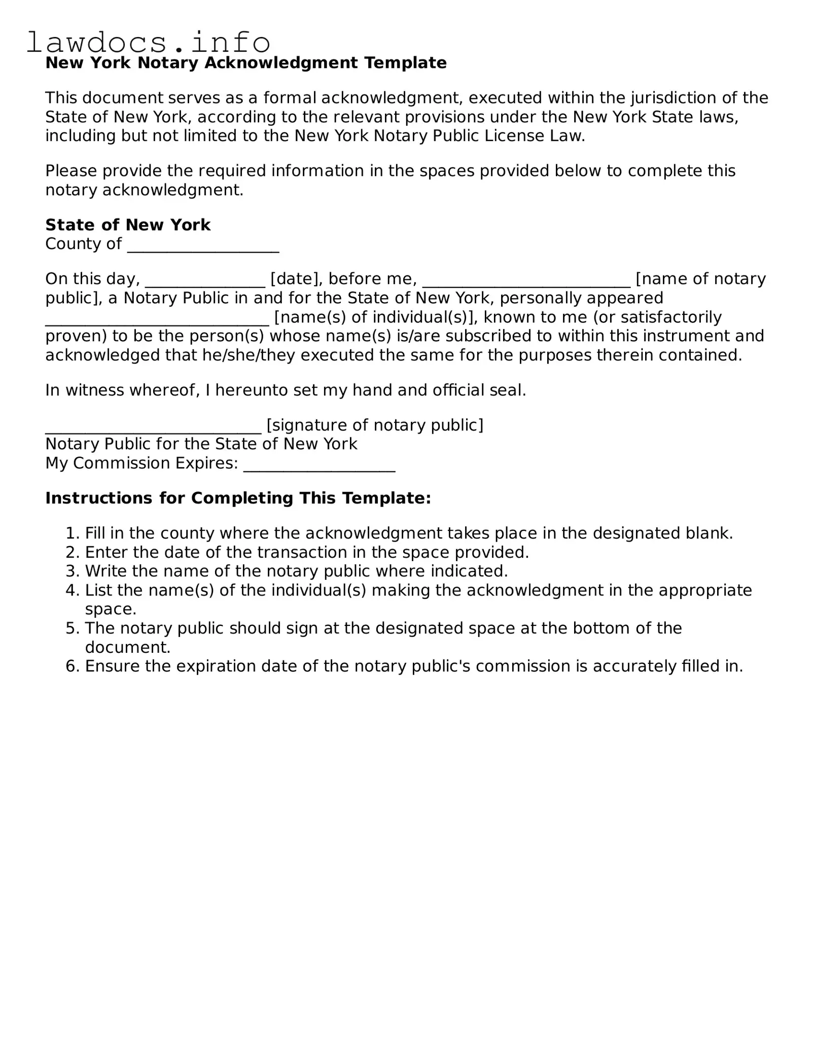 Blank Notary Acknowledgement Template for the State of New York