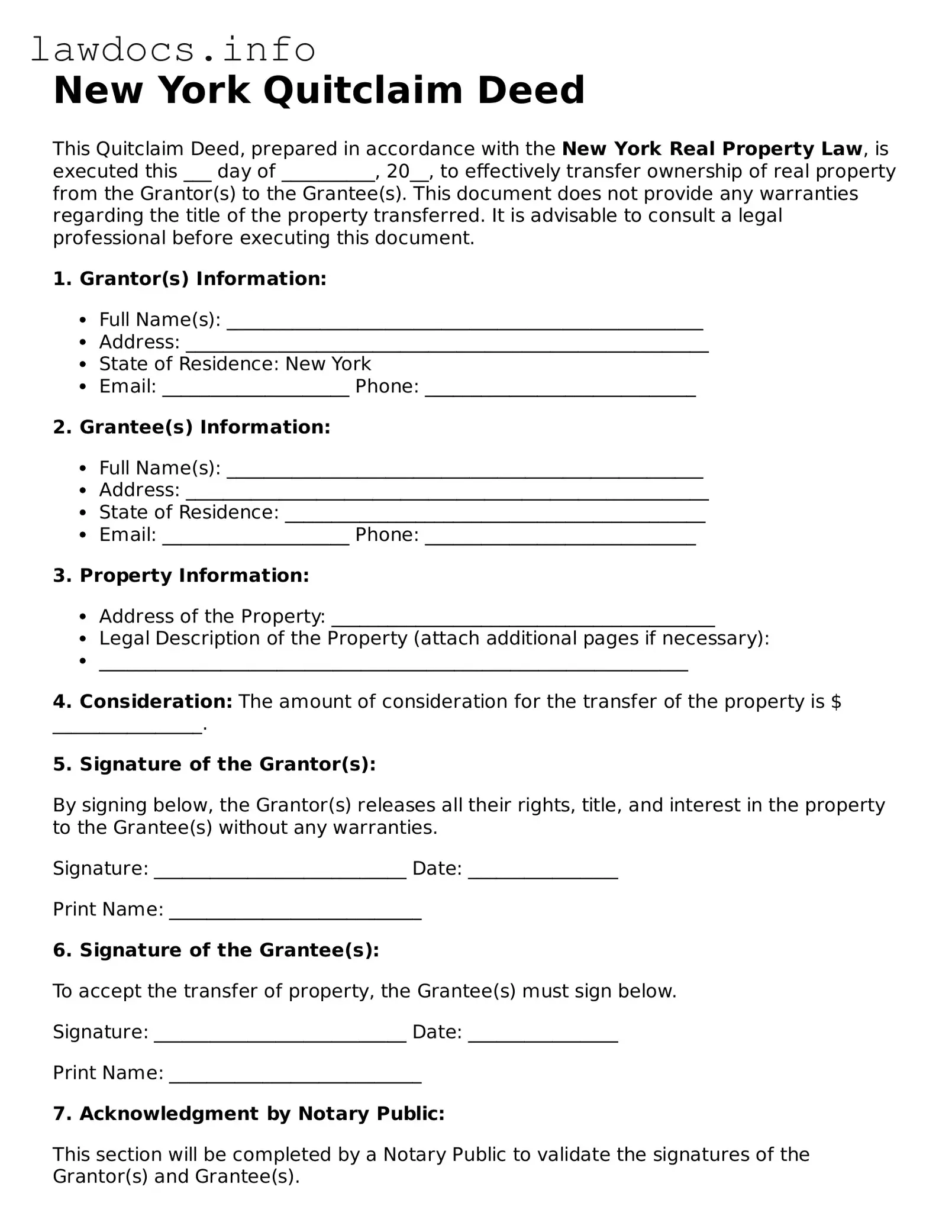 Blank Quitclaim Deed Template for the State of New York
