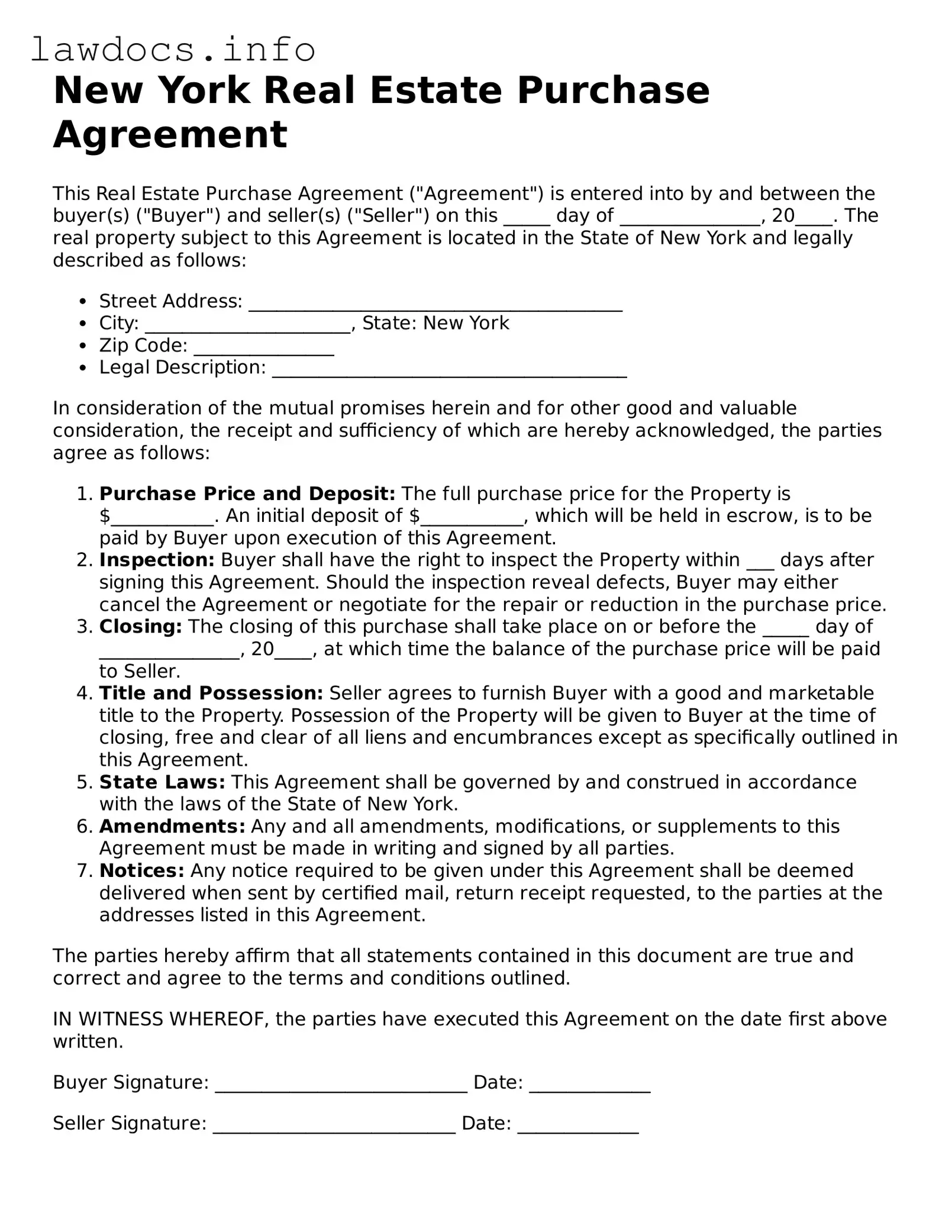 Blank Real Estate Purchase Agreement Template for the State of New York