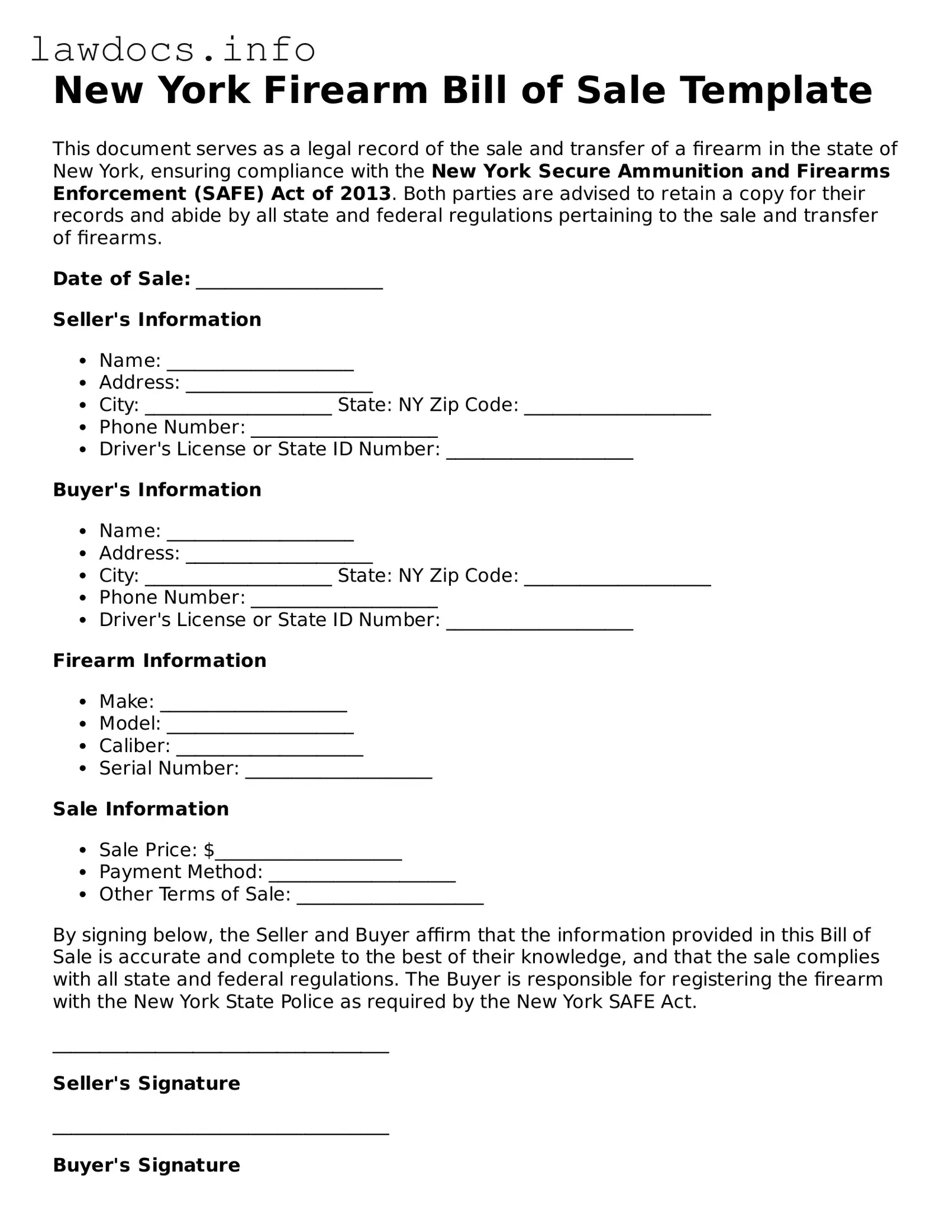 Blank Firearm Bill of Sale Template for the State of New York