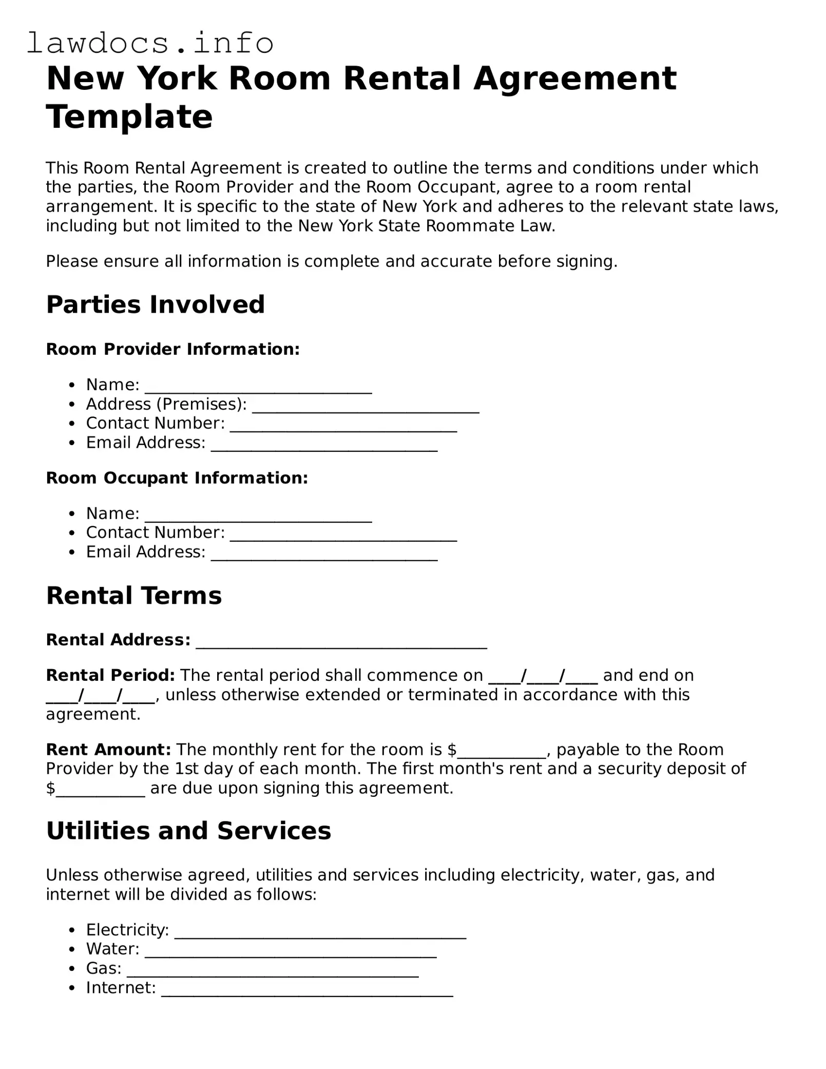 Blank Room Rental Agreement Template for the State of New York