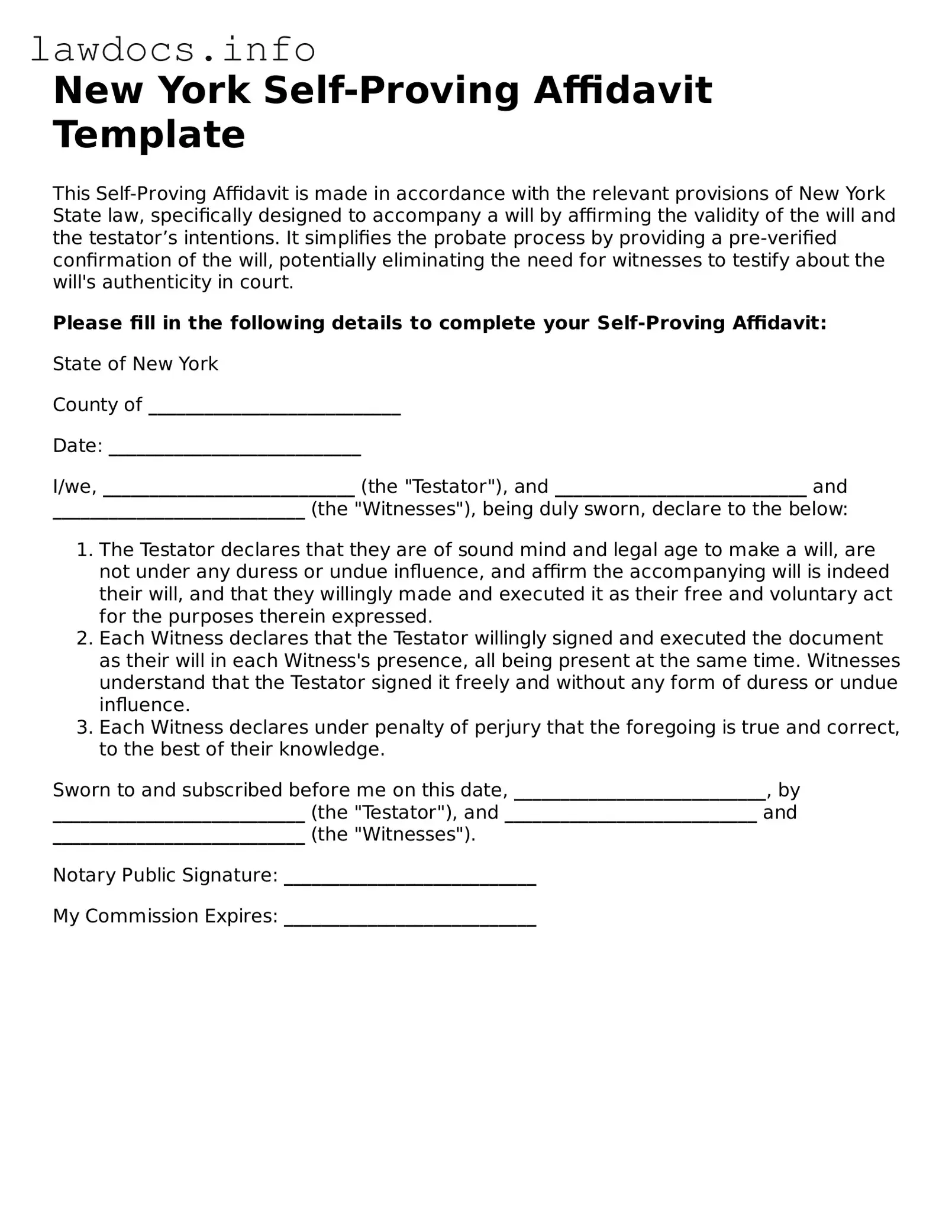 Blank Self-Proving Affidavit Template for the State of New York